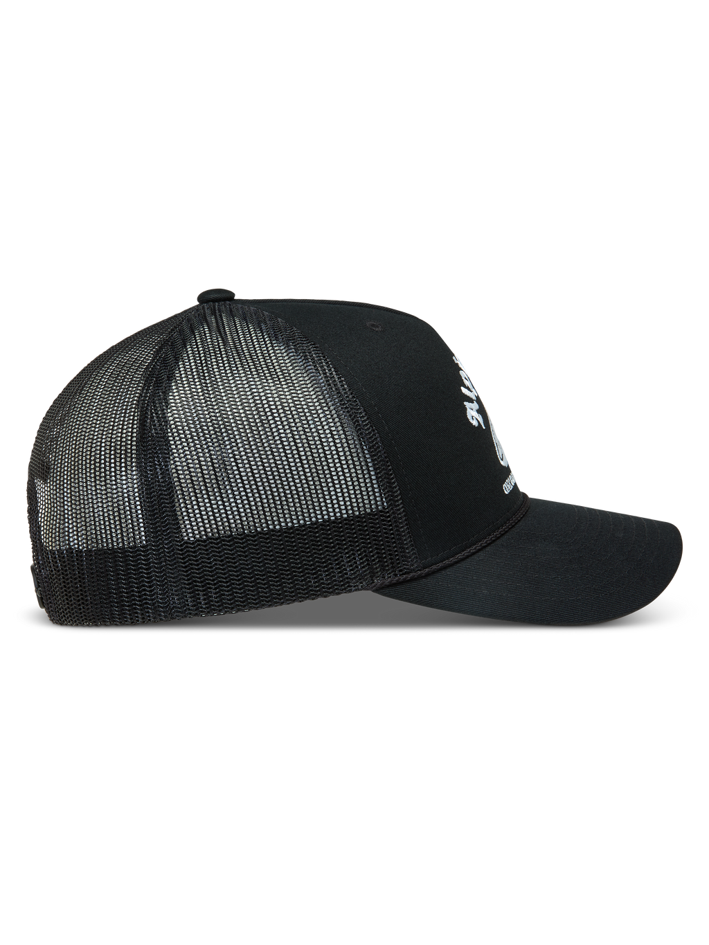 Alpinestars Baron Trucker-Mütze, Sportswear-Kappe, Schwarz und Weiß, Mesh-Rückseite, gebogener Schirm, Seitenansicht.