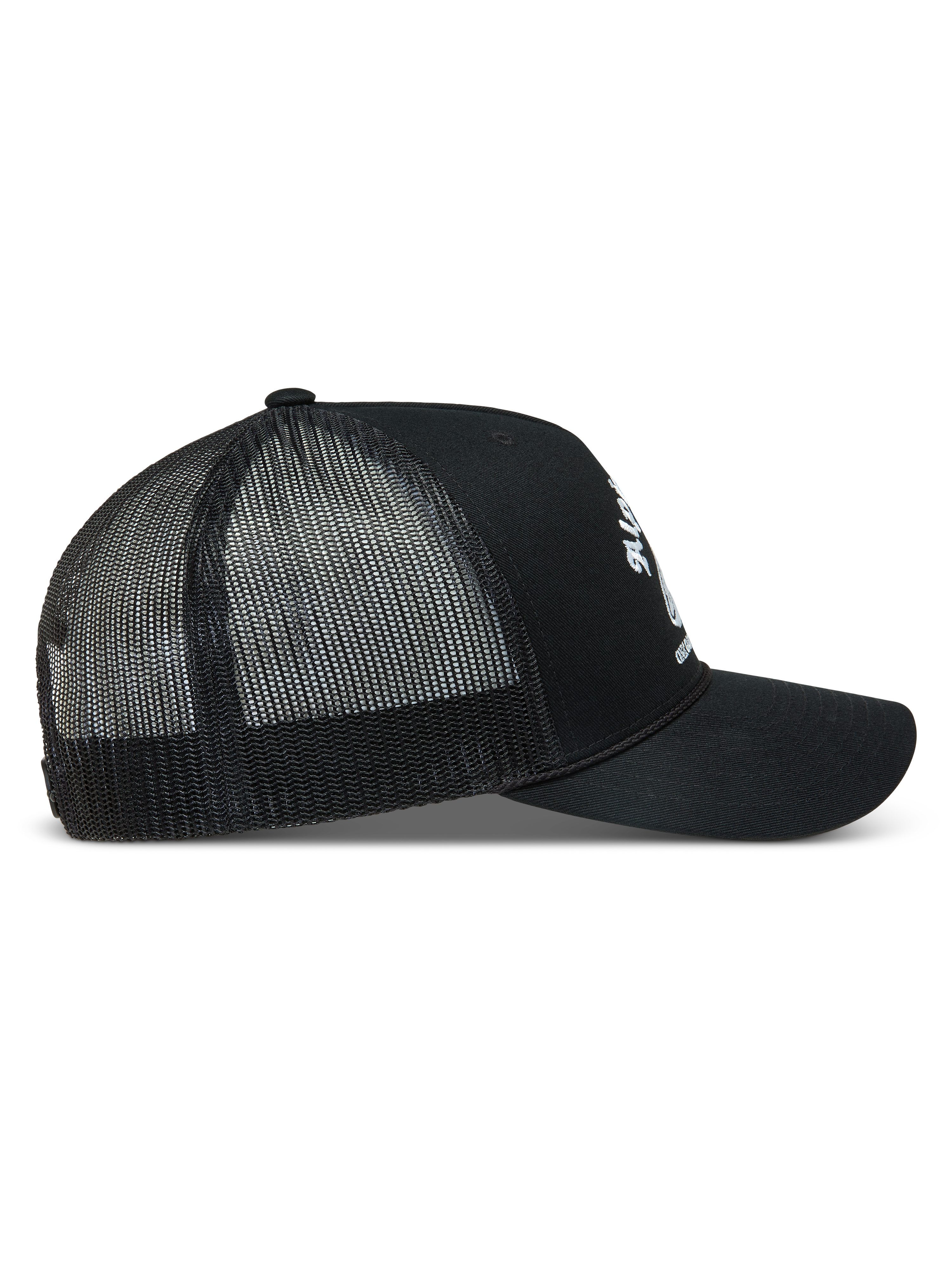 Alpinestars Baron Trucker-Mütze, Sportswear-Kappe, Schwarz und Weiß, Mesh-Rückseite, gebogener Schirm, Seitenansicht.