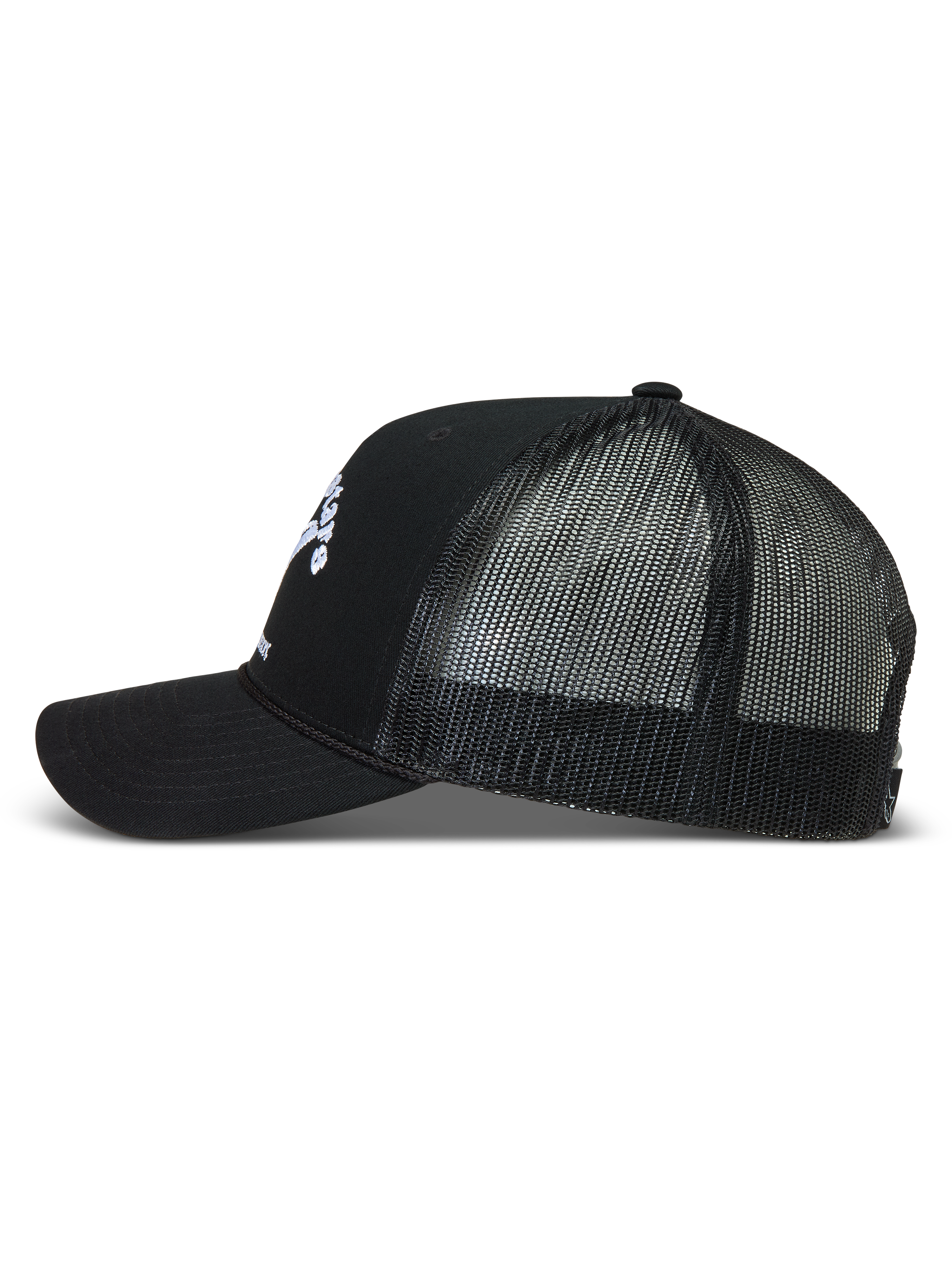 Alpinestars Baron Trucker-Mütze, schwarze Sportswear-Kappe mit atmungsaktivem Mesh-Rücken und gebogenem Schirm.