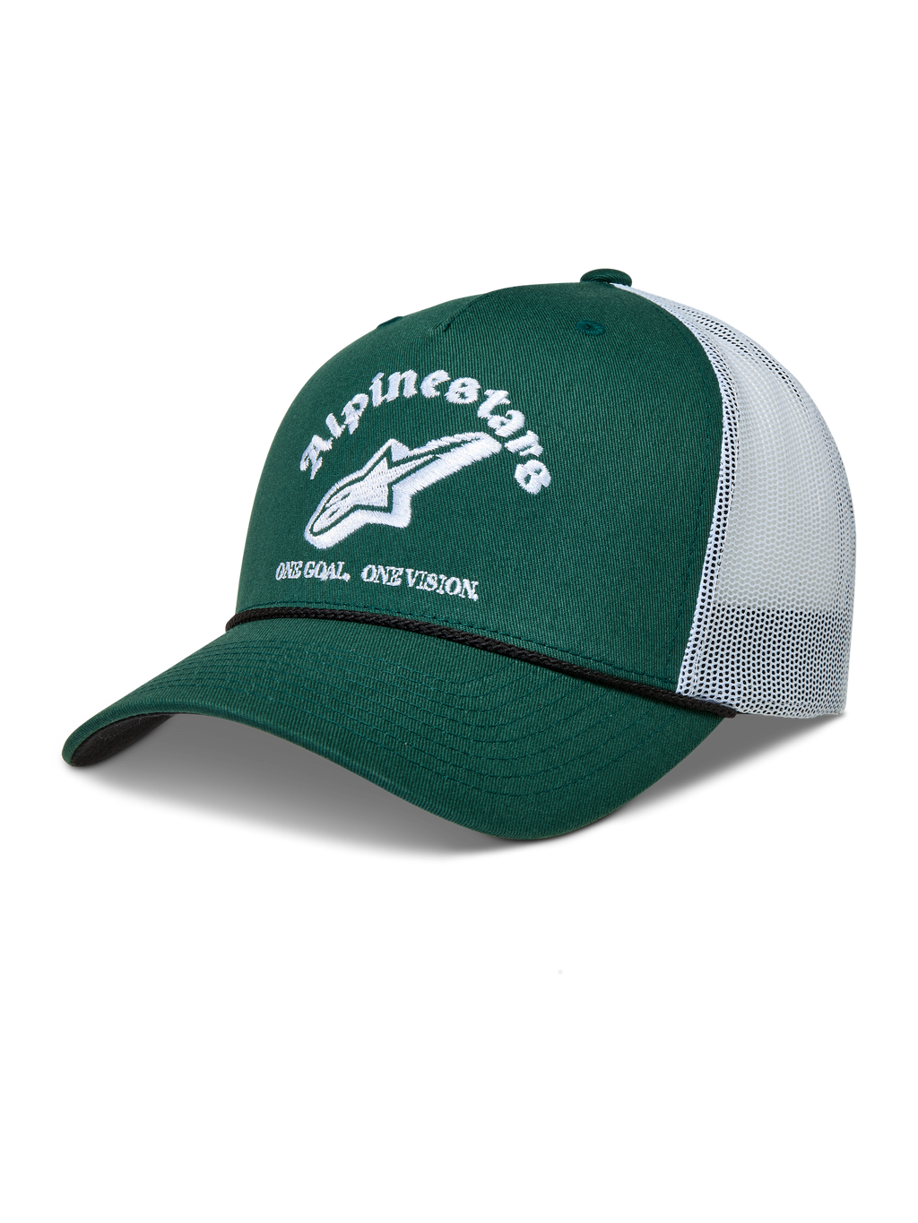 Alpinestars Baron Trucker-Mütze, Sportswear-Kappe in Grün und Weiß mit gebogenem Schirm und Mesh-Rückseite.