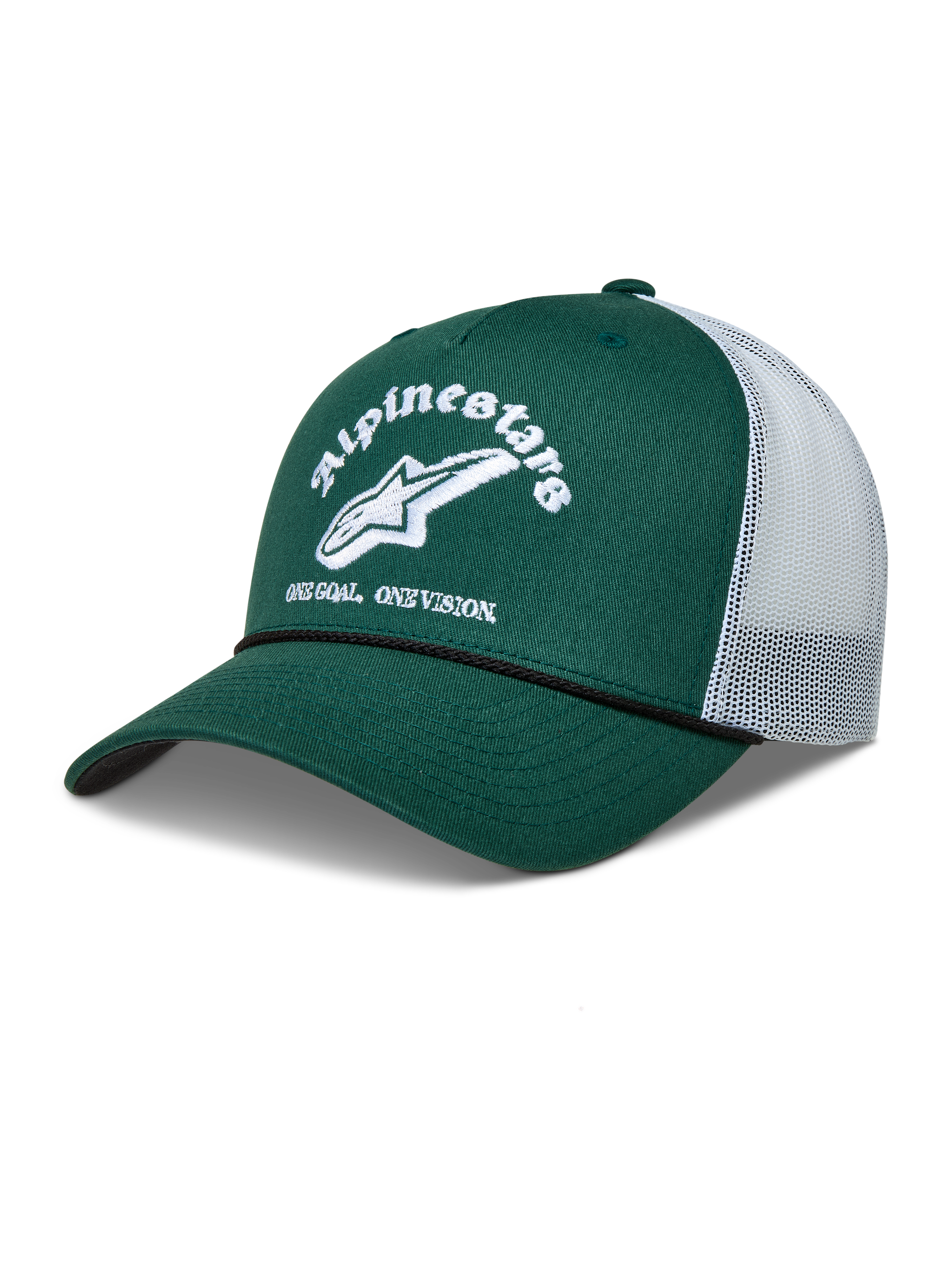 Alpinestars Baron Trucker-Mütze, Sportswear-Kappe in Grün und Weiß mit gebogenem Schirm und Mesh-Rückseite.