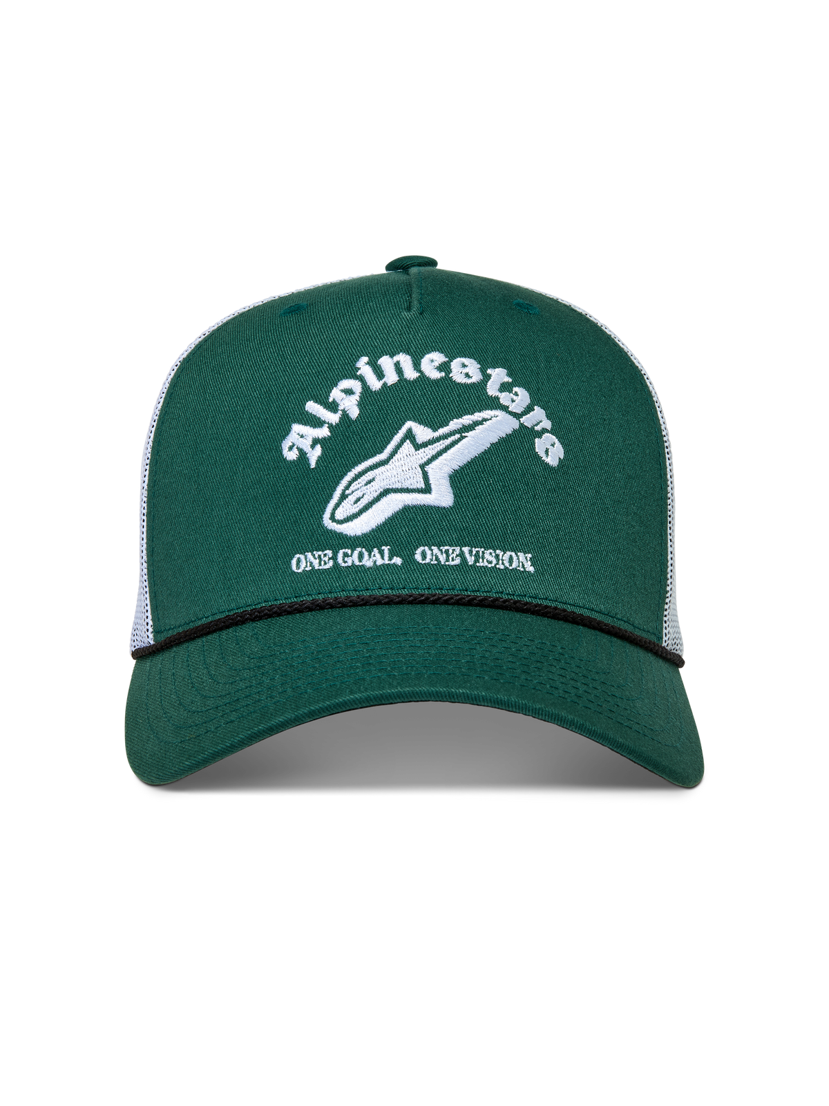 Alpinestars Baron Trucker-Mütze, grün-weiße Sportswear-Cap mit gebogenem Schirm und strukturierter Twill-Krone.
