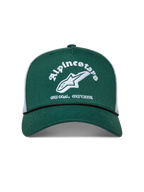 Alpinestars Baron Trucker-Mütze, grün-weiße Sportswear-Cap mit gebogenem Schirm und strukturierter Twill-Krone.