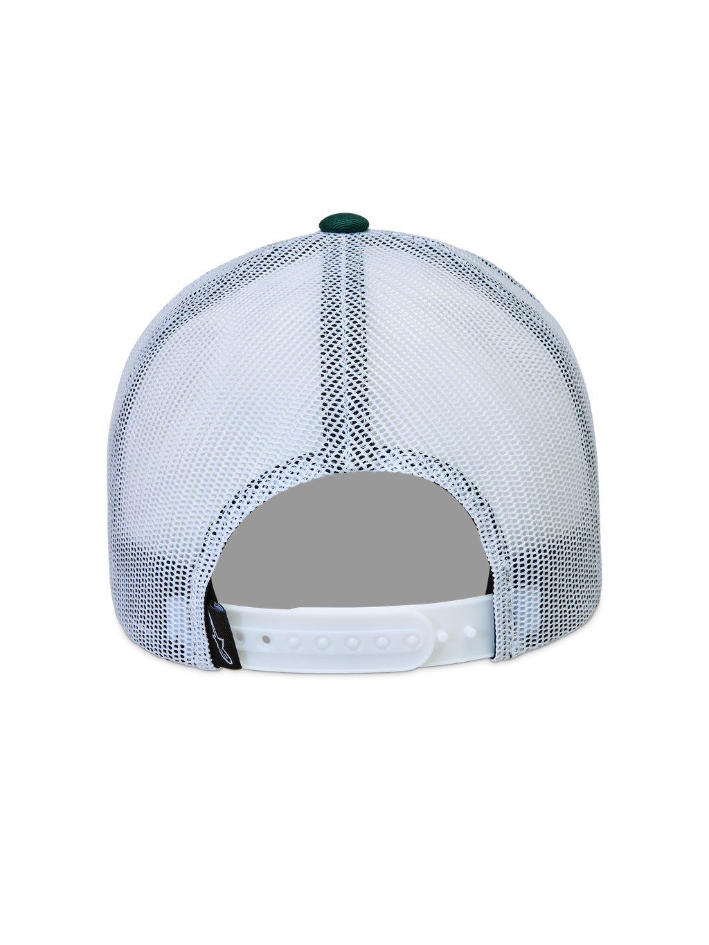 Alpinestars Baron Trucker-Mütze in Weiß und Grün, Rückansicht mit Mesh-Einsätzen und verstellbarem Snapback-Verschluss.