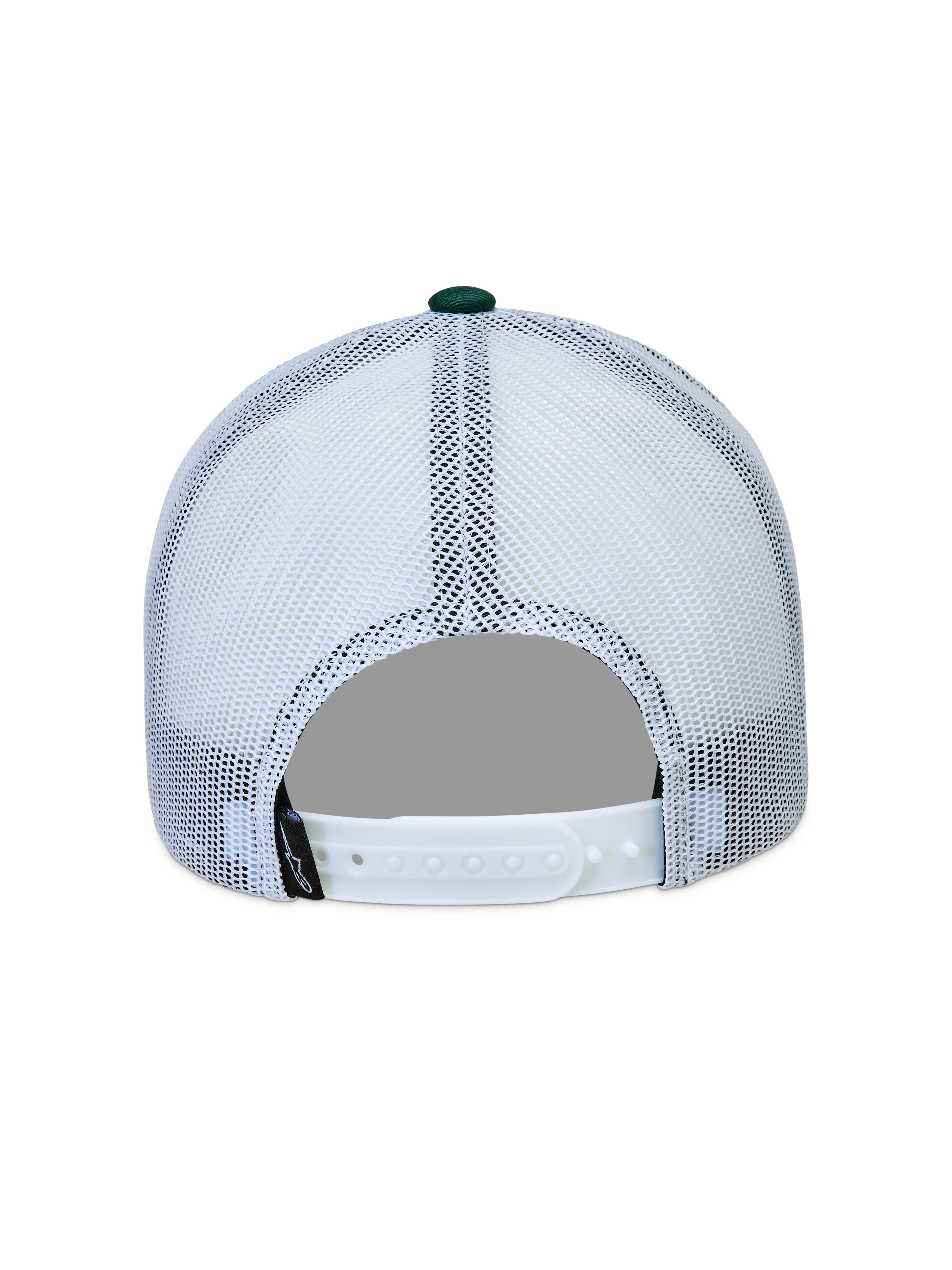 Alpinestars Baron Trucker-Mütze in Weiß und Grün, Rückansicht mit Mesh-Einsätzen und verstellbarem Snapback-Verschluss.