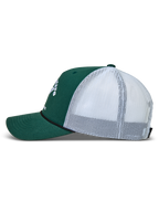 Alpinestars Baron Trucker-Mütze, Sportswear-Kappe in Grün und Weiß, Twill-Front und Mesh-Rückseite, Seitenansicht.