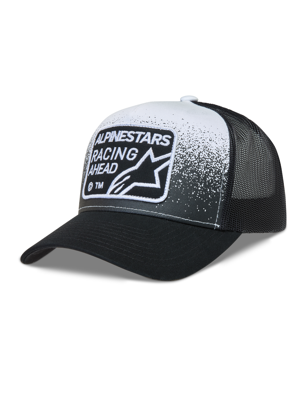 Alpinestars Gravel Trucker Hat, black and white mesh cap with a curved bill and Alpinestars Racing Ahead woven patch.