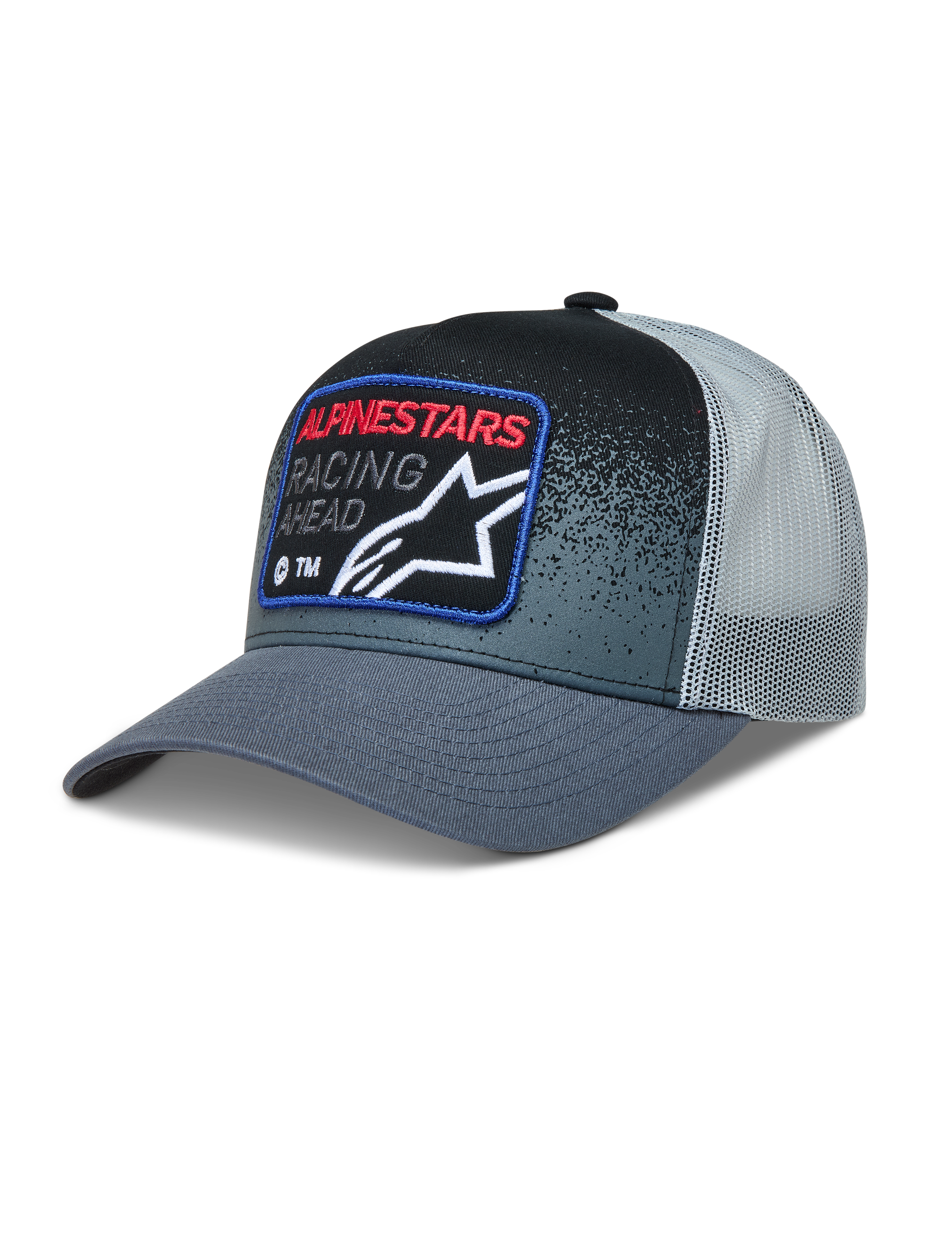 Alpinestars Gravel Trucker-Mütze in Dunkelgrau und Schwarz mit Mesh-Rückseite, gebogenem Schirm und Racing-Patch.