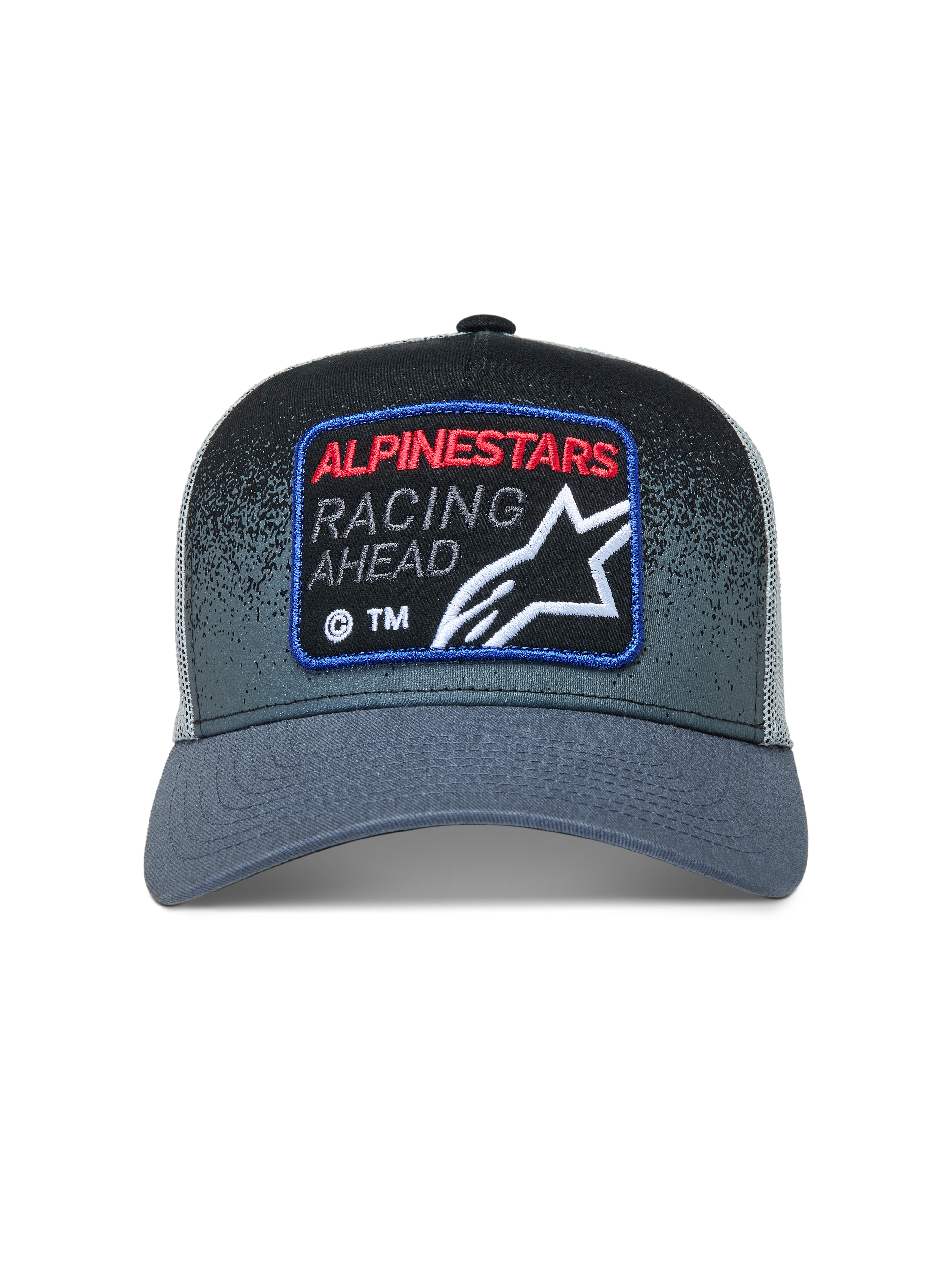 Alpinestars Gravel Trucker-Mütze, dunkelgraue und schwarze Sportswear-Kappe mit Mesh-Rückseite und Racing-Logo-Patch.