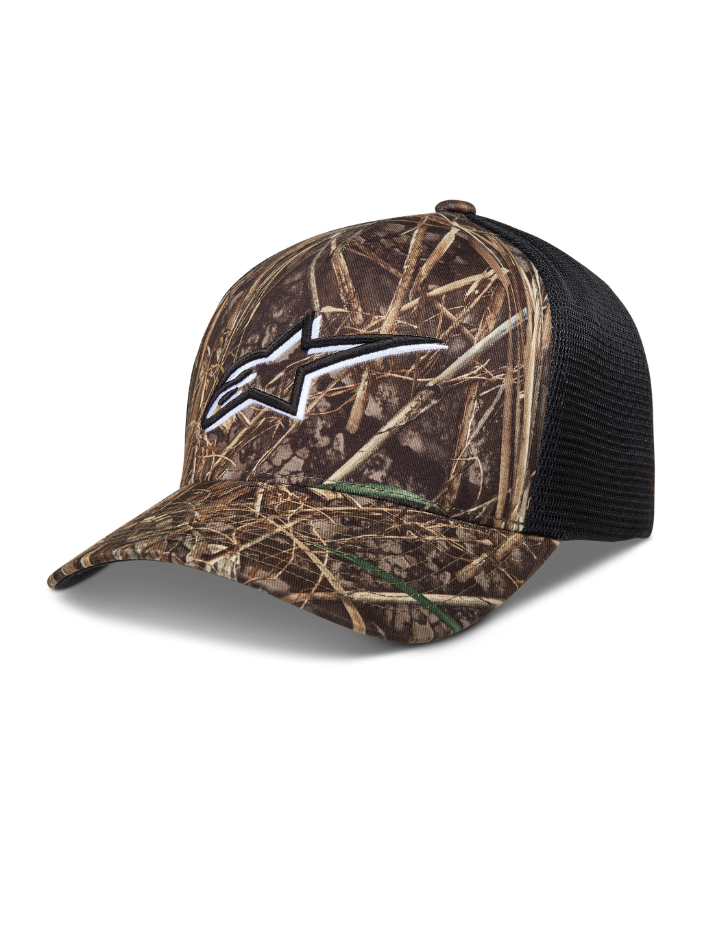 Alpinestars Thicket Realtree Trucker-Mütze, Camo und Schwarz, mit besticktem Astars-Logo, gebogenem Schirm und Mesh-Rückseite.