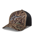 Alpinestars Thicket Realtree Trucker-Mütze, Camo und Schwarz, mit besticktem Astars-Logo, gebogenem Schirm und Mesh-Rückseite.