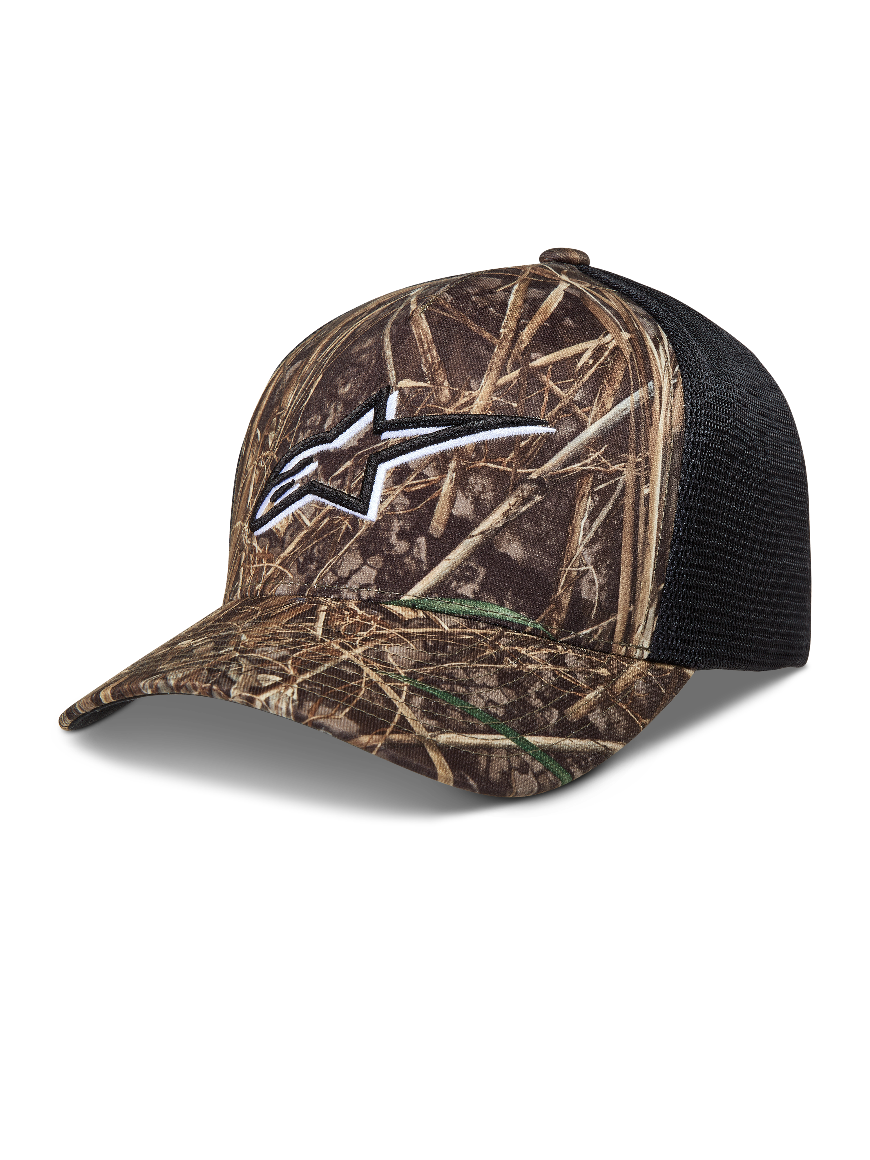 Alpinestars Thicket Realtree Trucker-Mütze, Camo und Schwarz, mit besticktem Astars-Logo, gebogenem Schirm und Mesh-Rückseite.