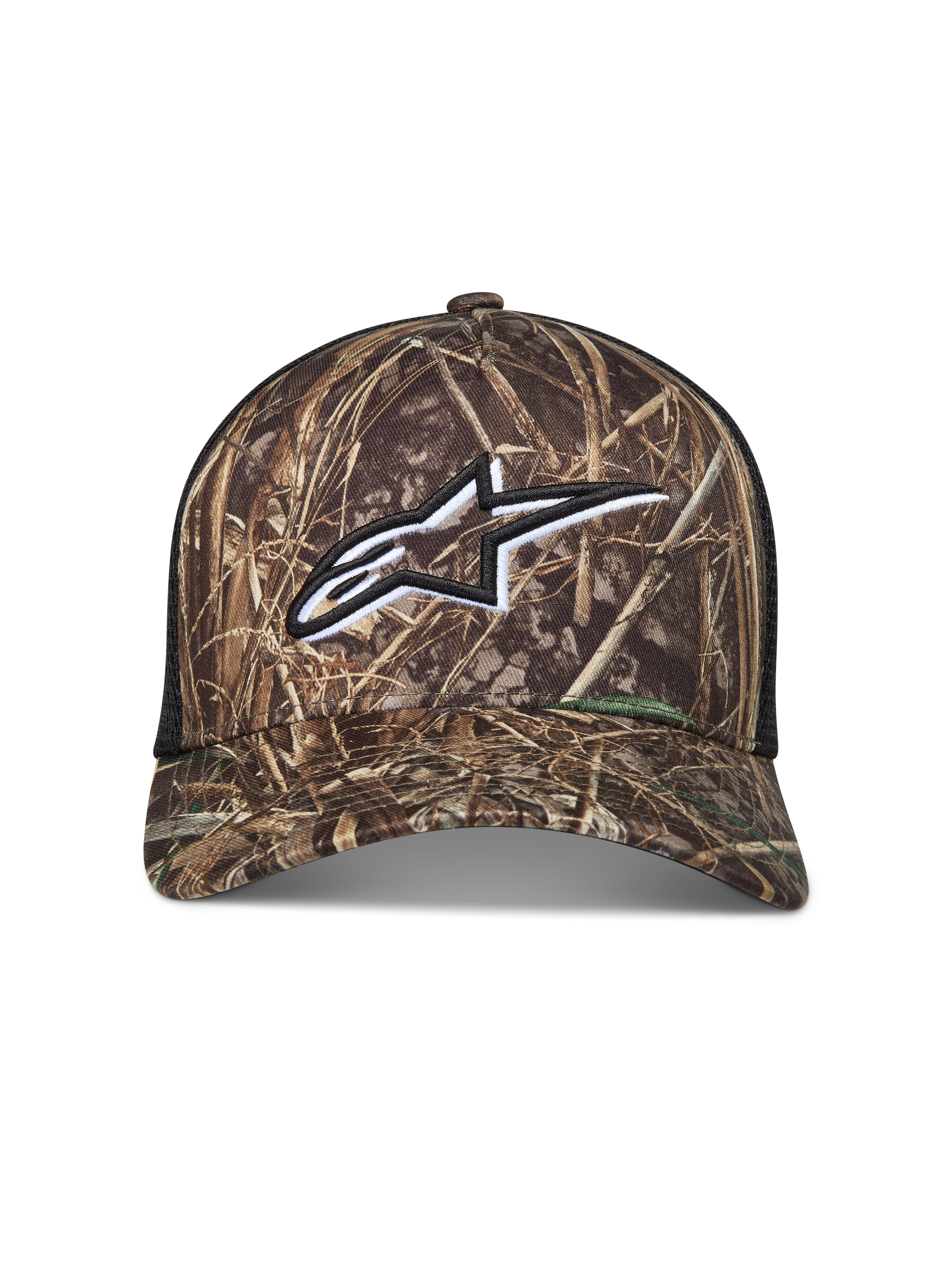 Alpinestars Thicket Realtree Trucker-Mütze in Camouflage und Schwarz mit weiß besticktem Astars-Logo und Mesh-Rückseite.