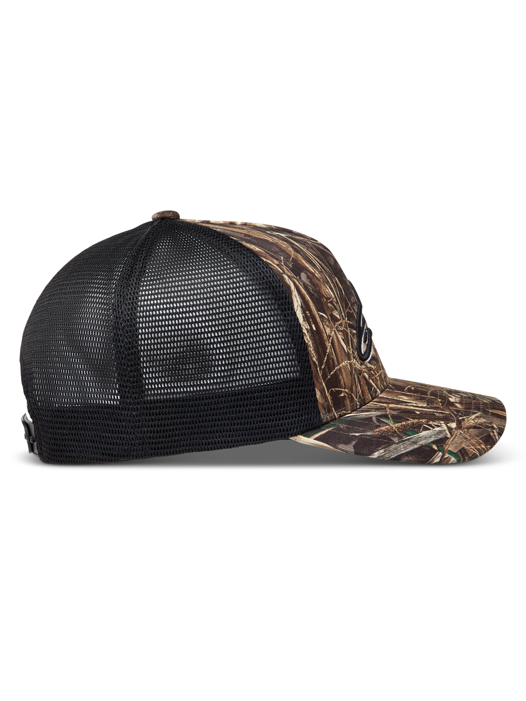 Alpinestars Thicket Realtree Trucker-Mütze, Tarnmuster und Schwarz, Seitenansicht mit gebogenem Schirm und Mesh-Rückseite.