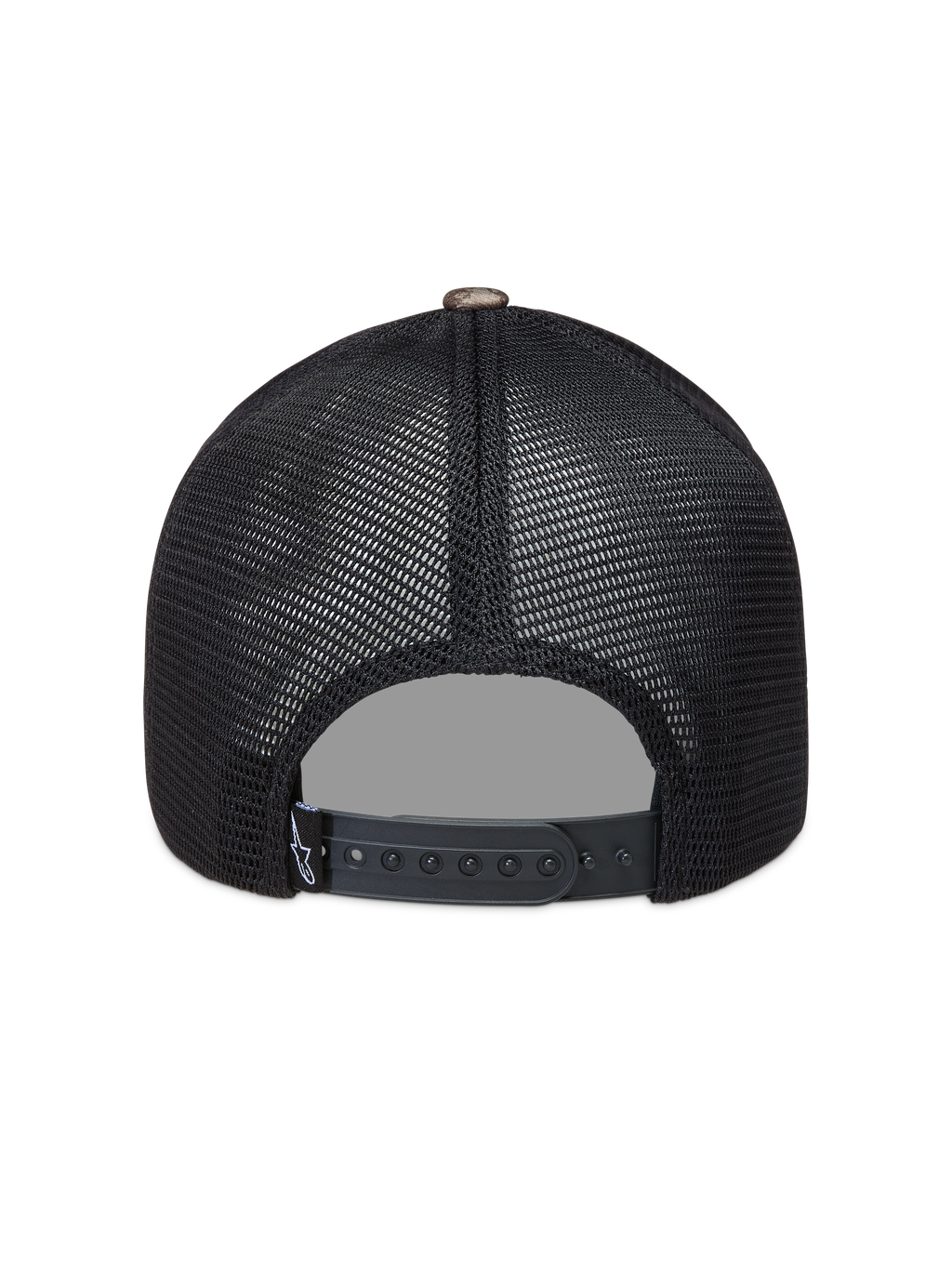 Alpinestars Thicket Realtree Trucker-Mütze, schwarze Mesh-Sportkappe mit verstellbarem Snapback-Verschluss, Rückansicht.