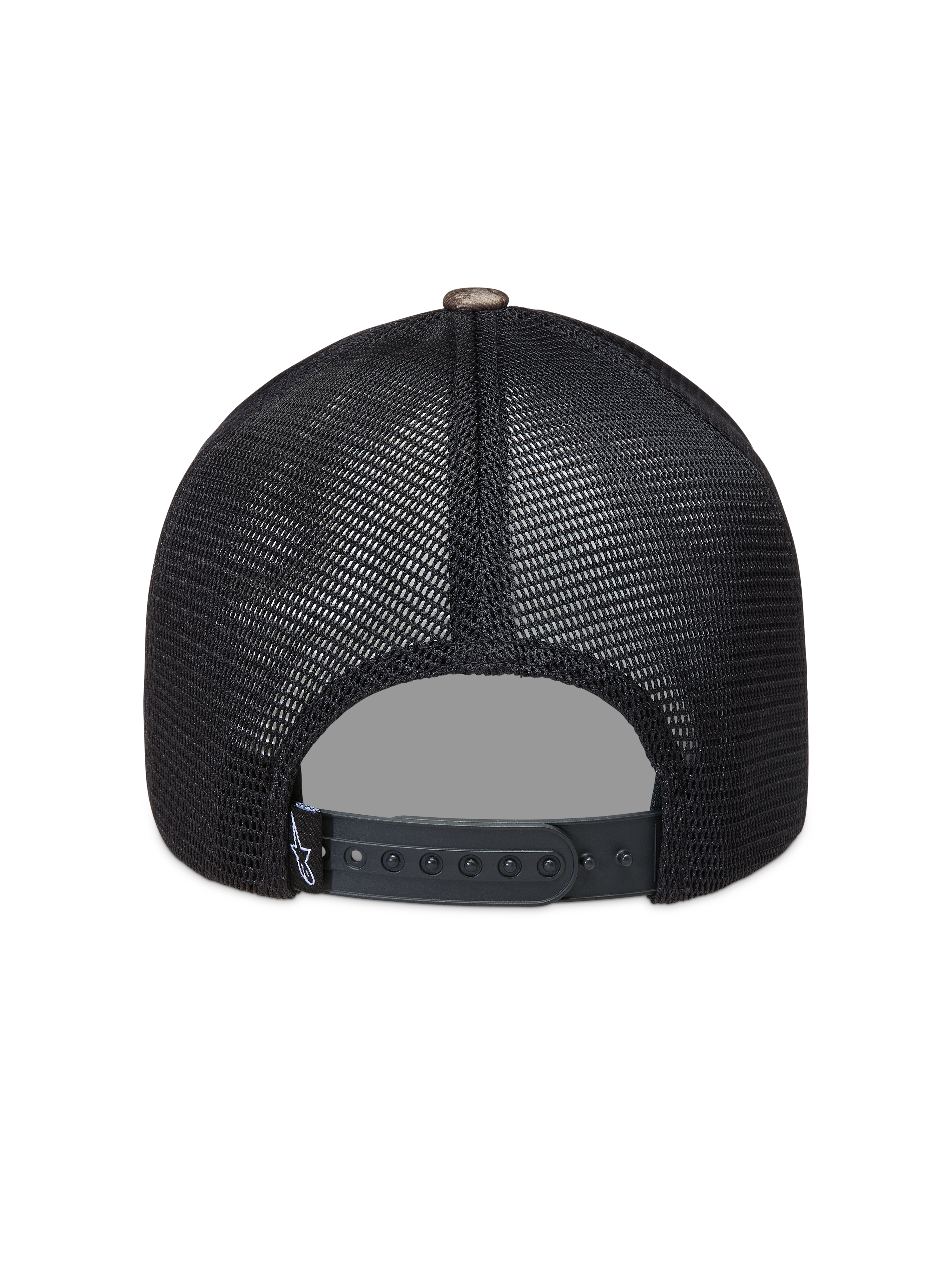 Alpinestars Thicket Realtree Trucker-Mütze, schwarze Mesh-Sportkappe mit verstellbarem Snapback-Verschluss, Rückansicht.