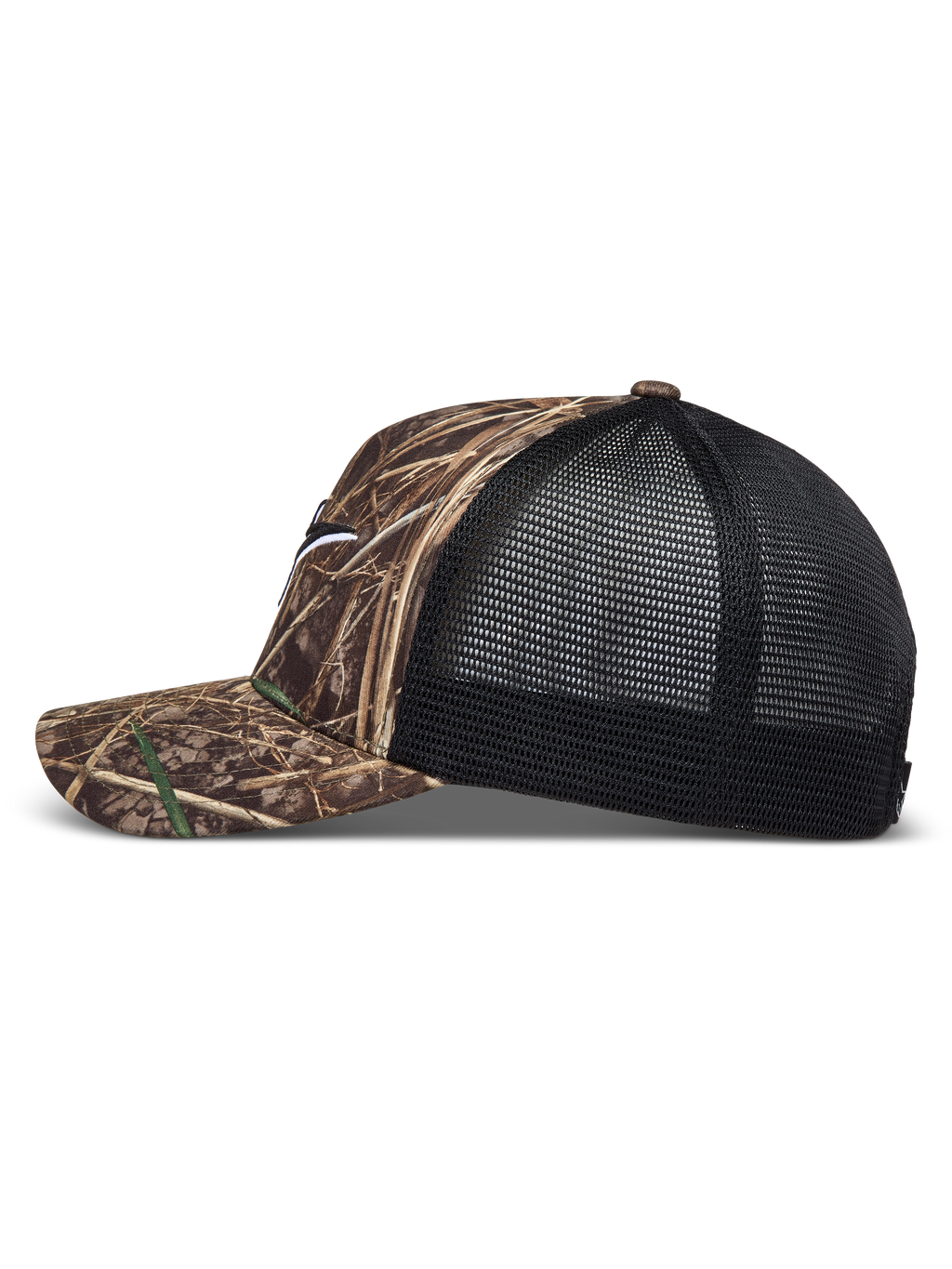 Alpinestars Thicket Realtree Trucker-Mütze, Realtree Camo und Schwarz, Seitenansicht mit gebogenem Schirm und Netzrückseite.