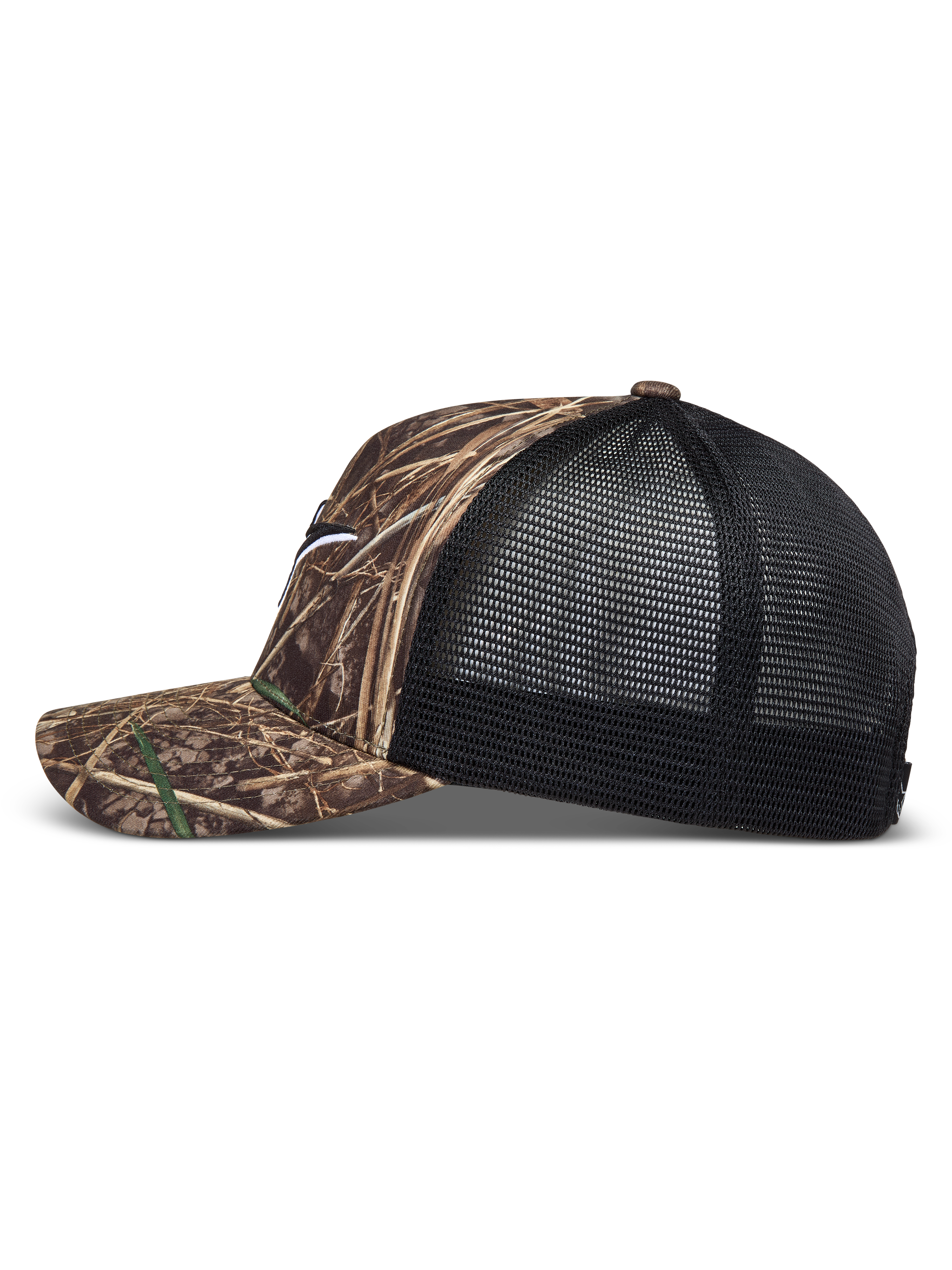 Alpinestars Thicket Realtree Trucker-Mütze, Realtree Camo und Schwarz, Seitenansicht mit gebogenem Schirm und Netzrückseite.