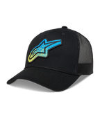 Alpinestars Meteorite Trucker Hat, Black Sportswear Cap with Blue and Yellow gravel texture Astars logo and mesh back.