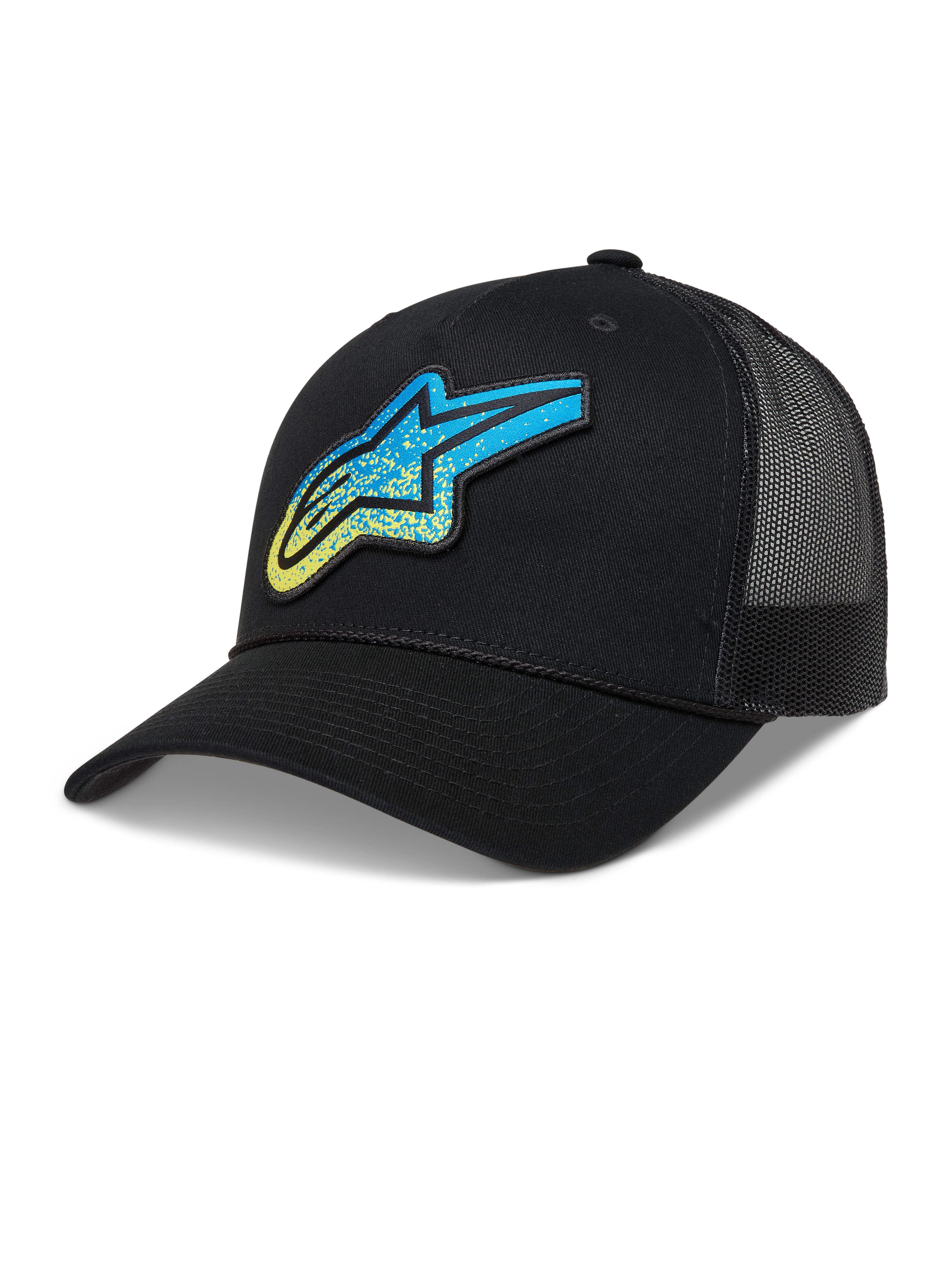 Alpinestars Meteorite Trucker Hat, Black Sportswear Cap with Blue and Yellow gravel texture Astars logo and mesh back.