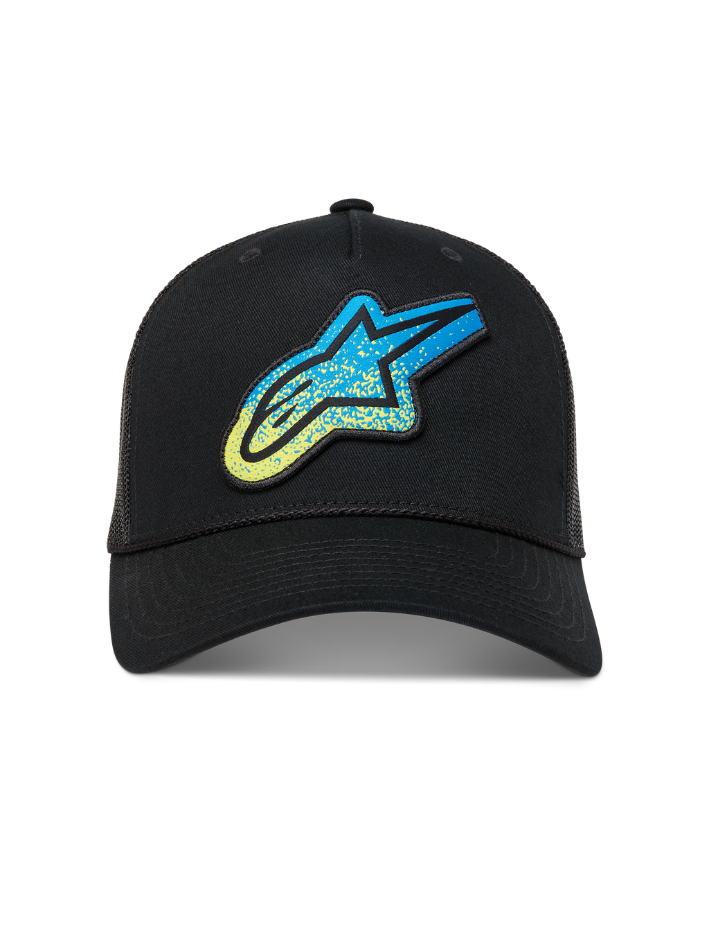 Alpinestars Meteorite Trucker Hat, black sportswear cap with a blue and yellow gravel texture Astar logo and mesh back.