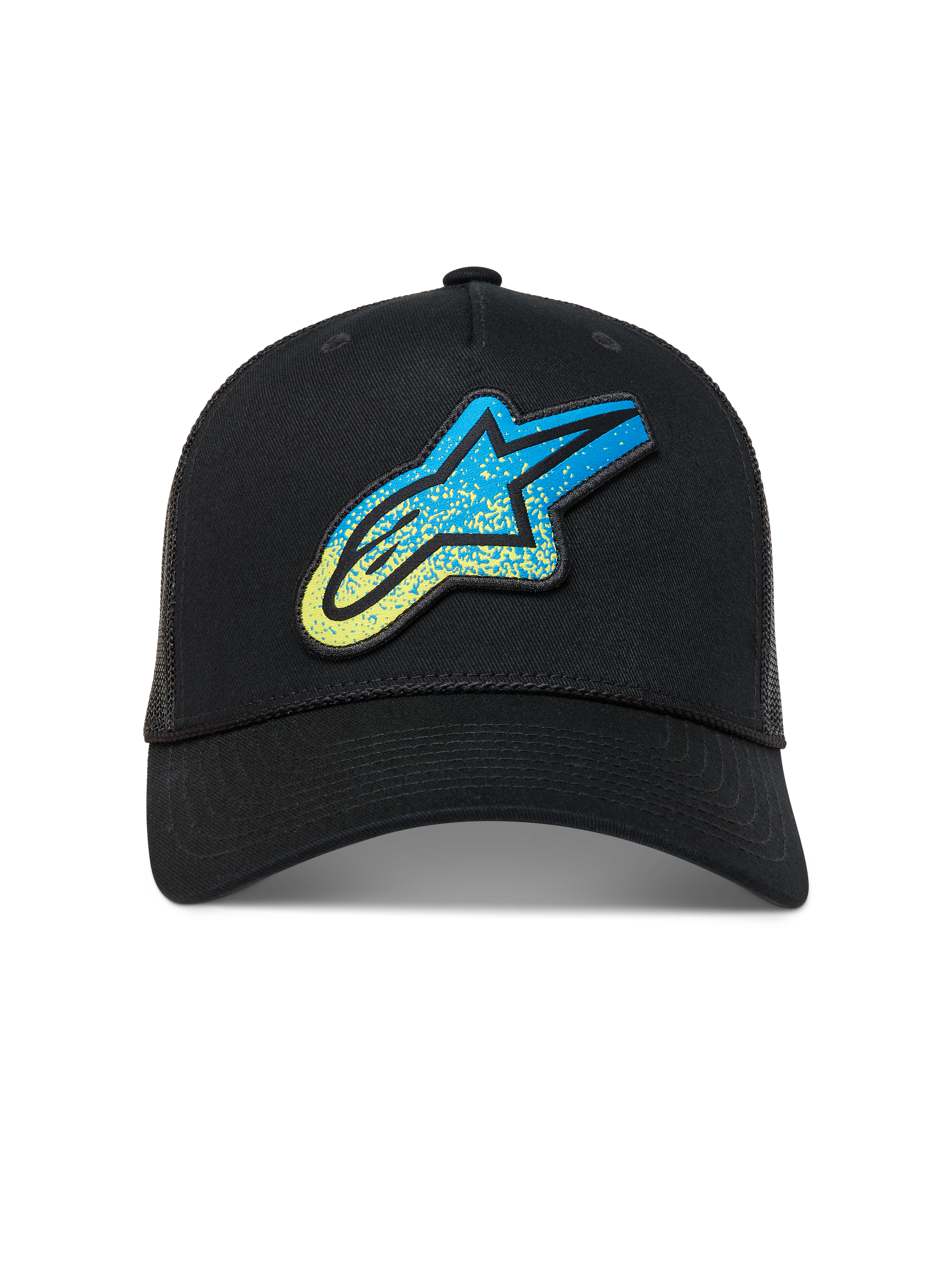 Alpinestars Meteorite Trucker Hat, black sportswear cap with a blue and yellow gravel texture Astar logo and mesh back.