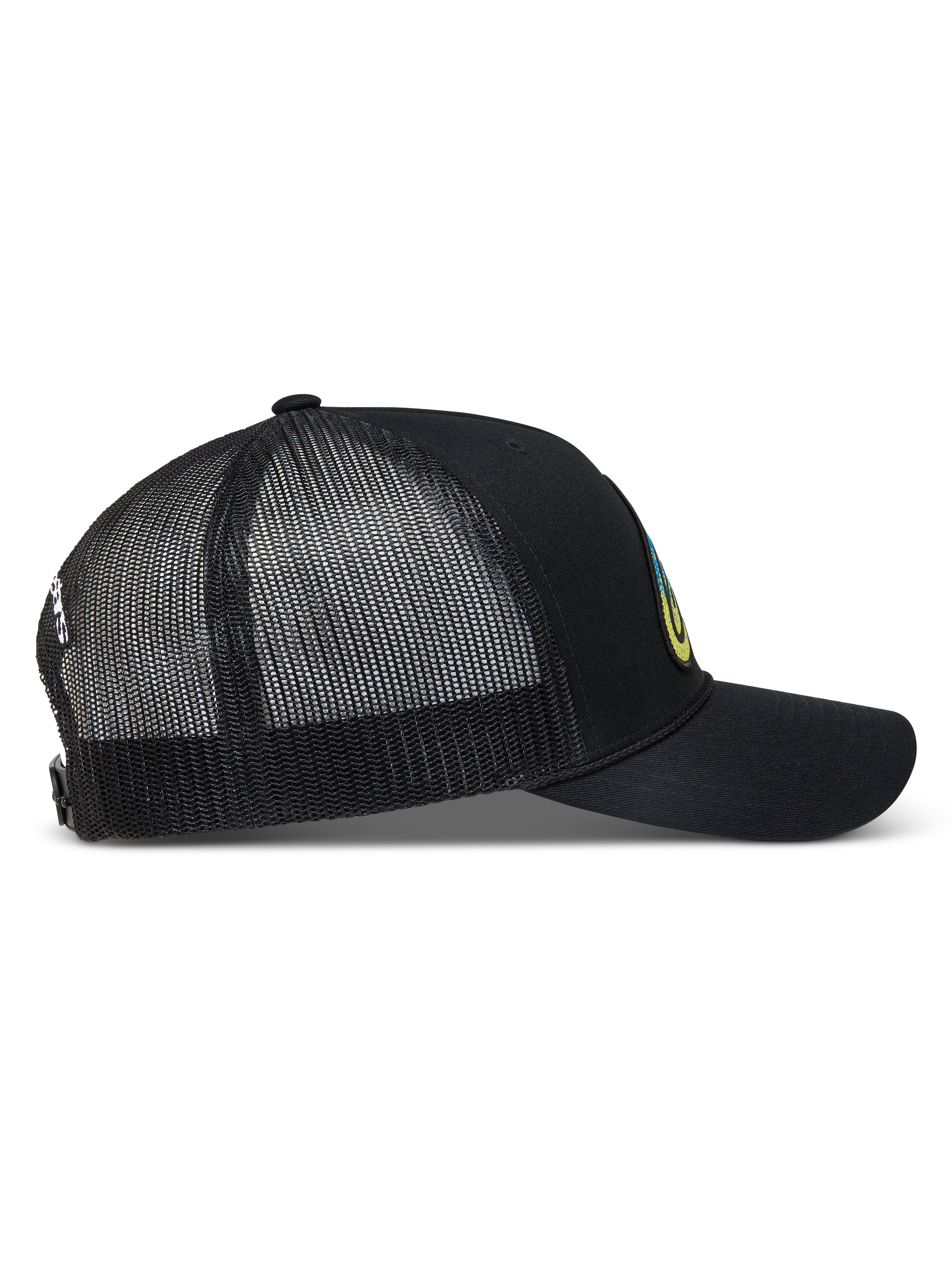 Alpinestars Meteorite Trucker Hat, black sportswear cap with breathable mesh back, curved bill, and snapback closure.