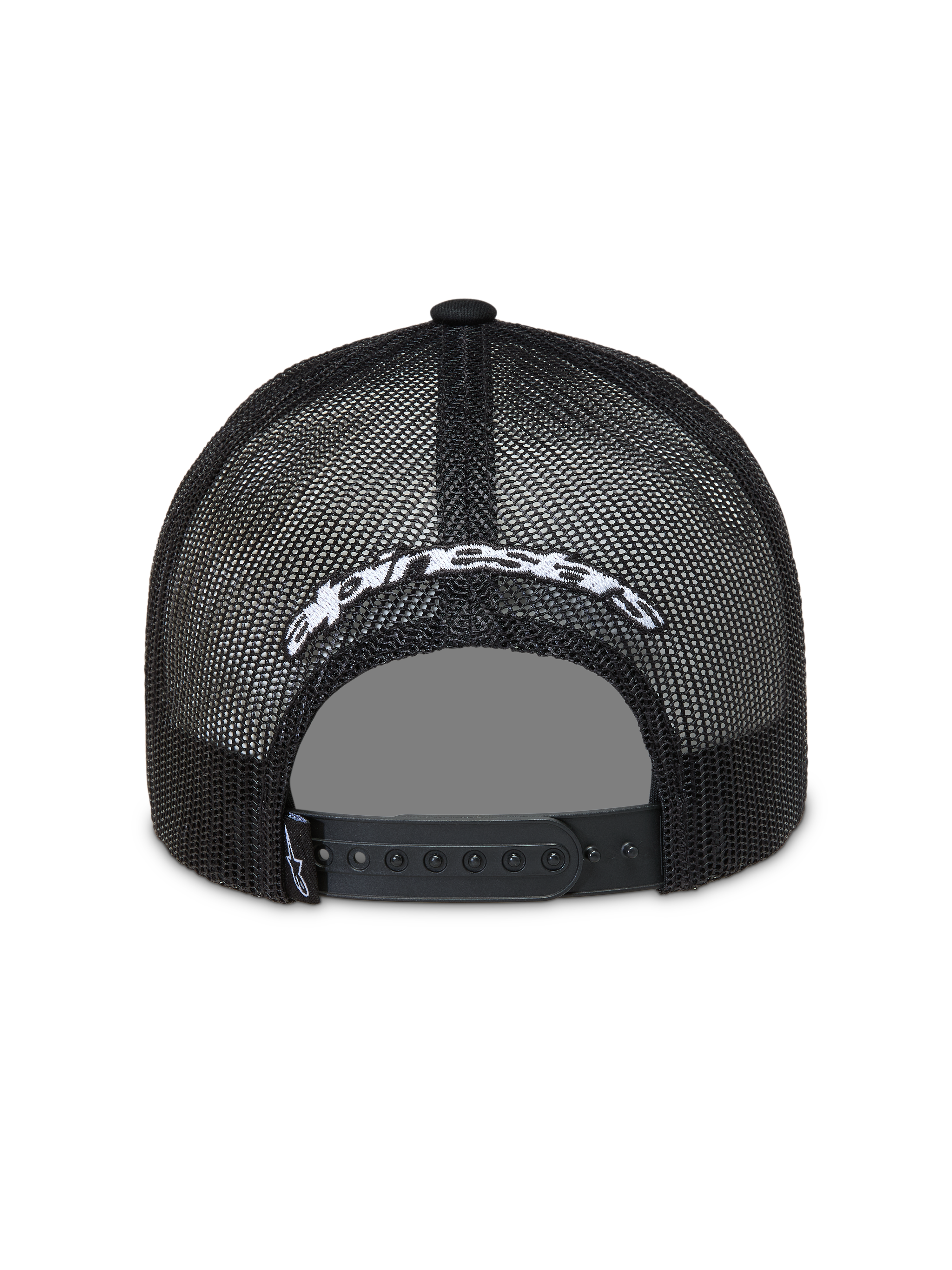 Alpinestars Meteorite Trucker Hat, Black mesh sportswear cap featuring a white embroidered logo and adjustable snapback closure.