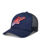 Alpinestars Meteorite Trucker-Kappe, Sportswear-Lifestyle-Cap, Navyblau und Rot, mit strukturierter Krone, gebogenem Schirm, atmungsaktiven Mesh-Rückeneinsätzen und einem strukturierten Astars-Logo-Patch.