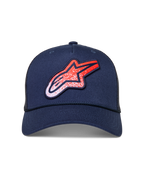 Alpinestars Meteorite Trucker-Mütze, dunkelblaue Mesh-Kappe mit gebogenem Schirm und rot-weißem Logo mit Kieselstruktur.