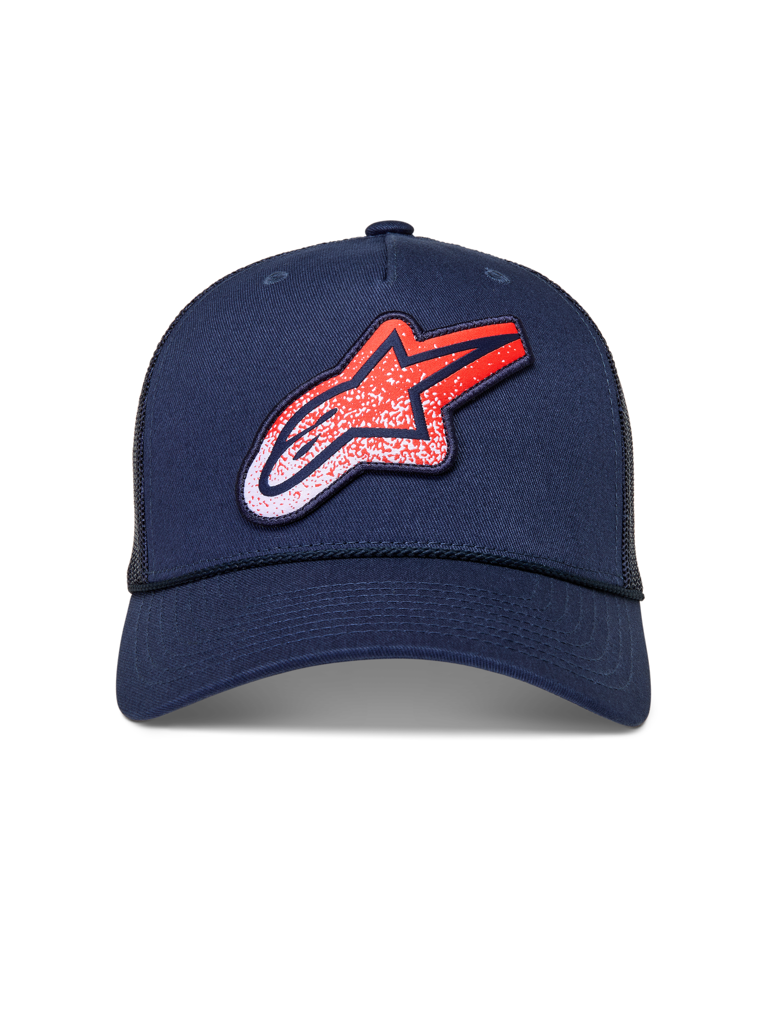 Alpinestars Meteorite Trucker-Mütze, dunkelblaue Mesh-Kappe mit gebogenem Schirm und rot-weißem Logo mit Kieselstruktur.