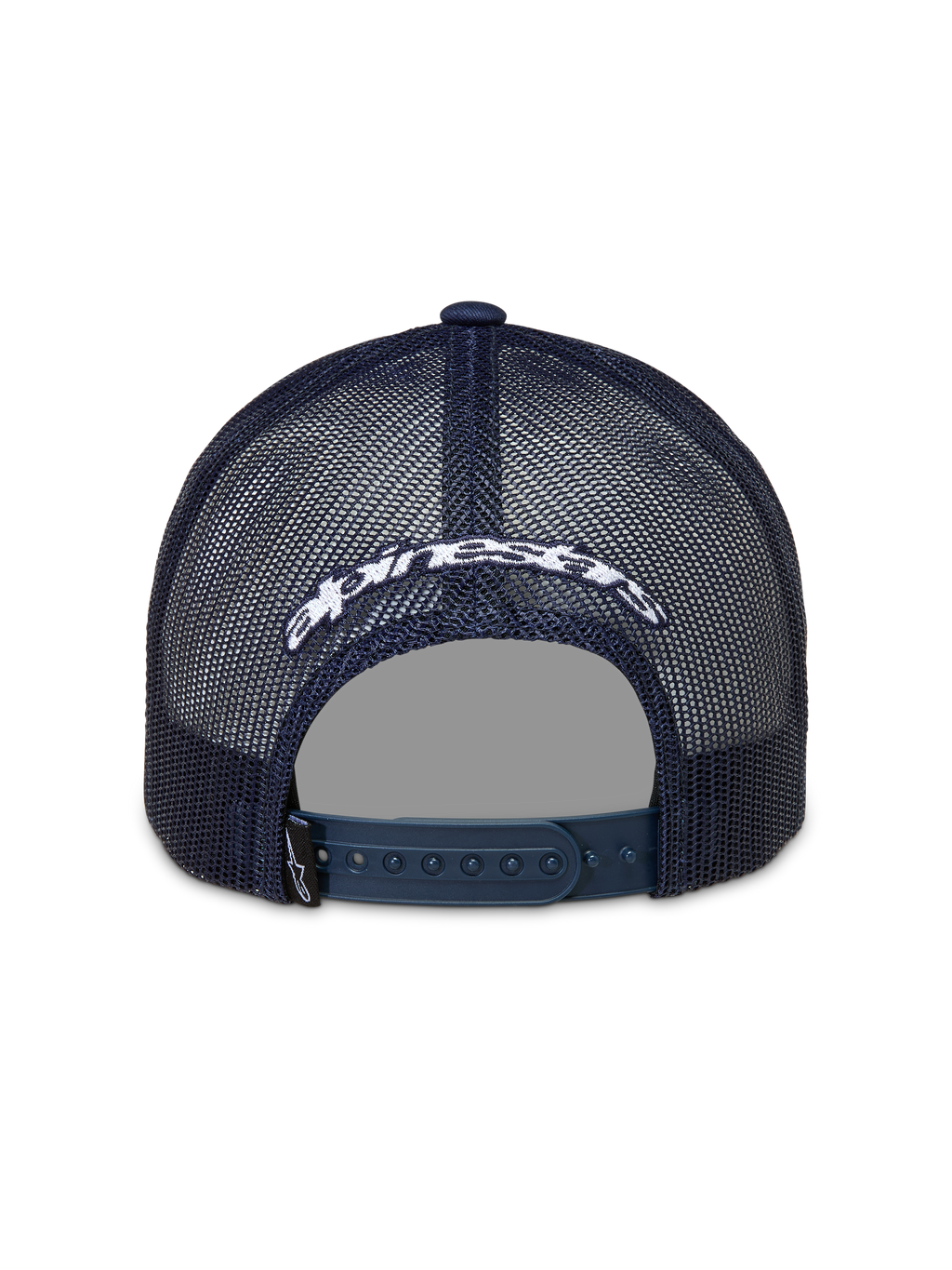 Alpinestars Meteorite Trucker-Mütze, dunkelblaue Sportswear-Kappe mit Mesh-Rückseite, weiß besticktem Logo und Snapback-Verschluss.