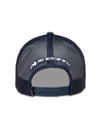 Alpinestars Meteorite Trucker-Mütze, dunkelblaue Sportswear-Kappe mit Mesh-Rückseite, weiß besticktem Logo und Snapback-Verschluss.