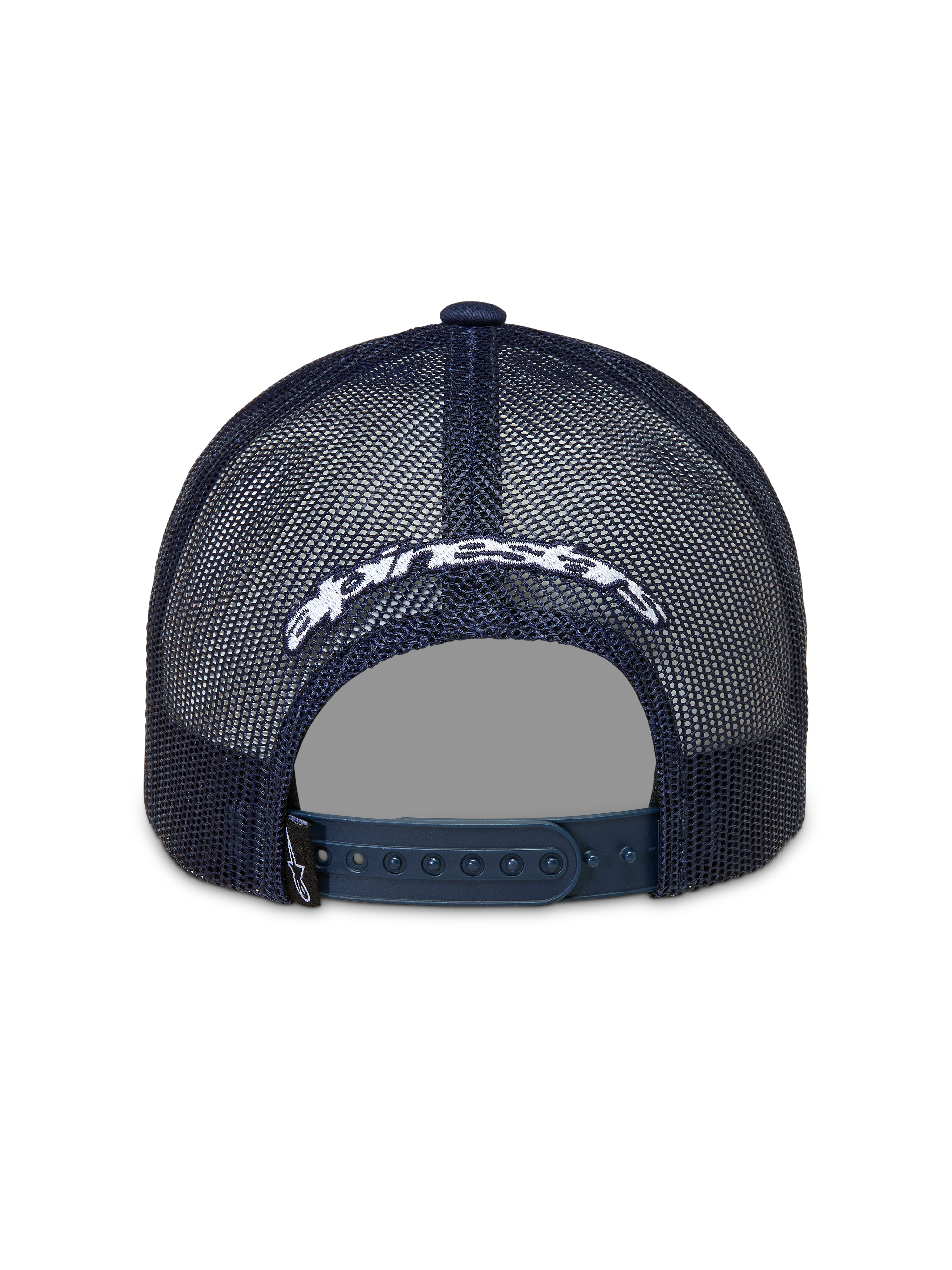 Alpinestars Meteorite Trucker-Mütze, dunkelblaue Sportswear-Kappe mit Mesh-Rückseite, weiß besticktem Logo und Snapback-Verschluss.