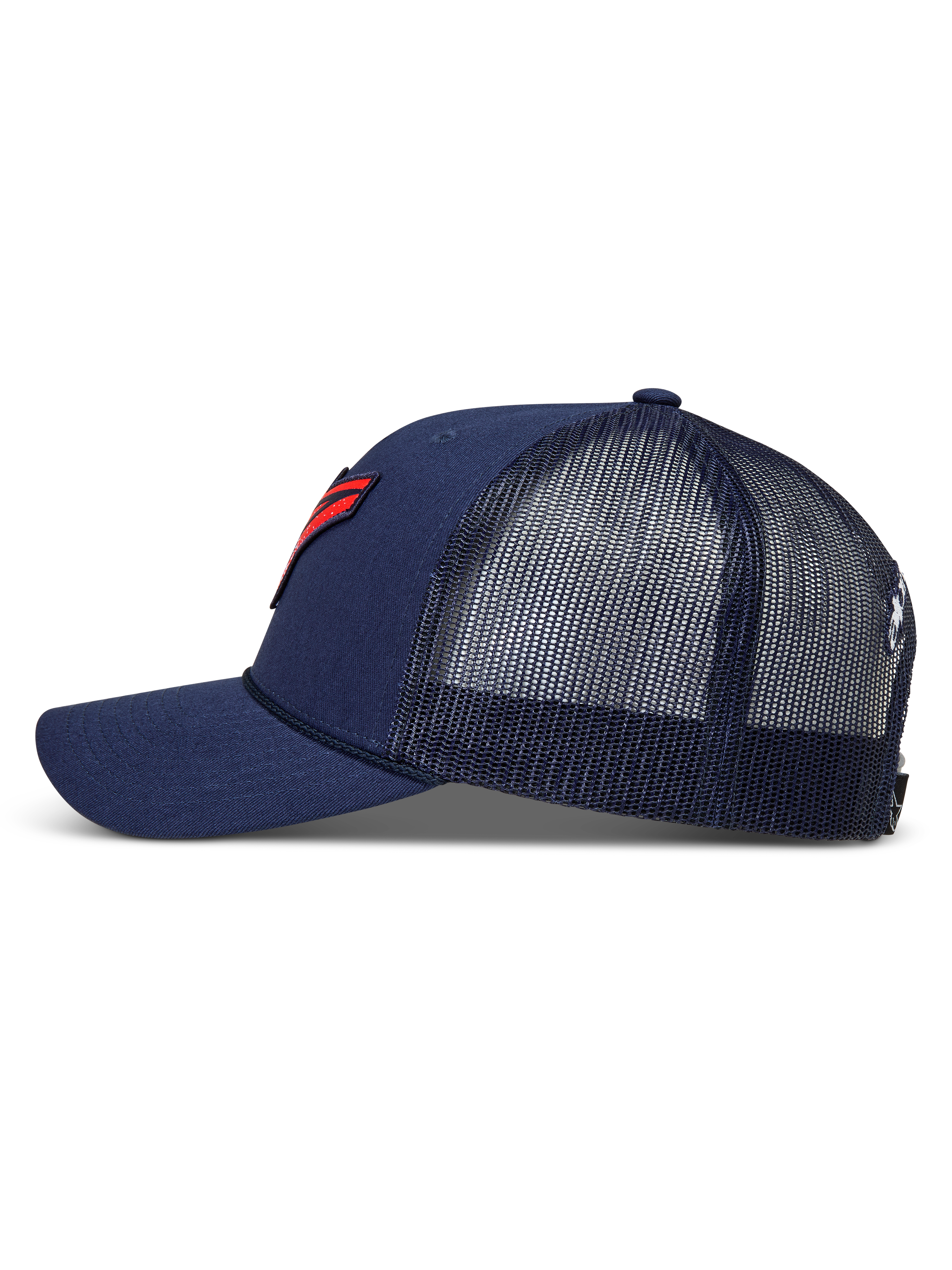 Alpinestars Meteorite Trucker-Mütze, navyblaue Kappe mit Mesh-Rückseite, gebogenem Schirm und rotem Logo-Patch.