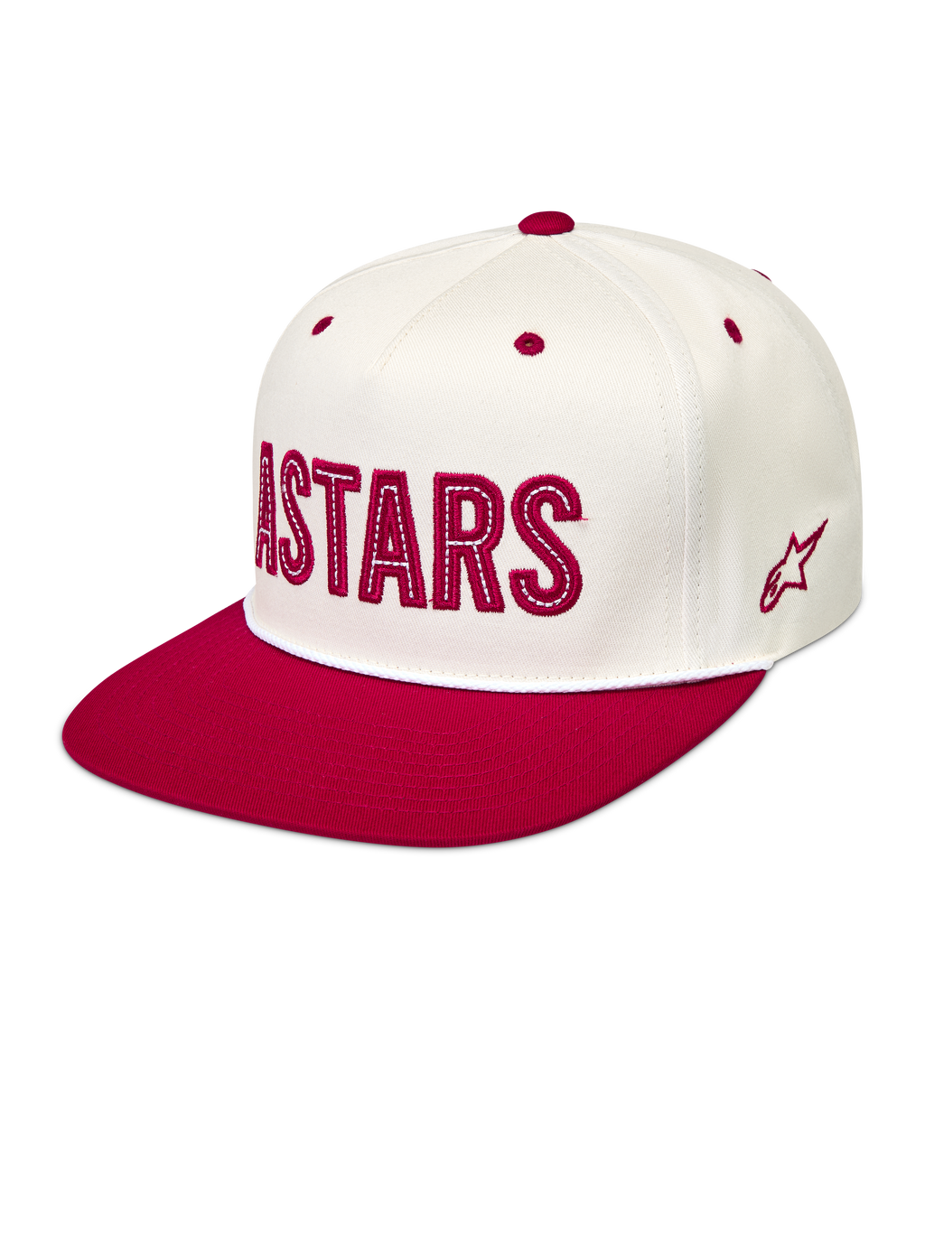 Alpinestars Stadium Snapback Kappe in Weiß und Rot mit strukturierter Krone, flachem Schirm und Astars-Logo-Applikation.