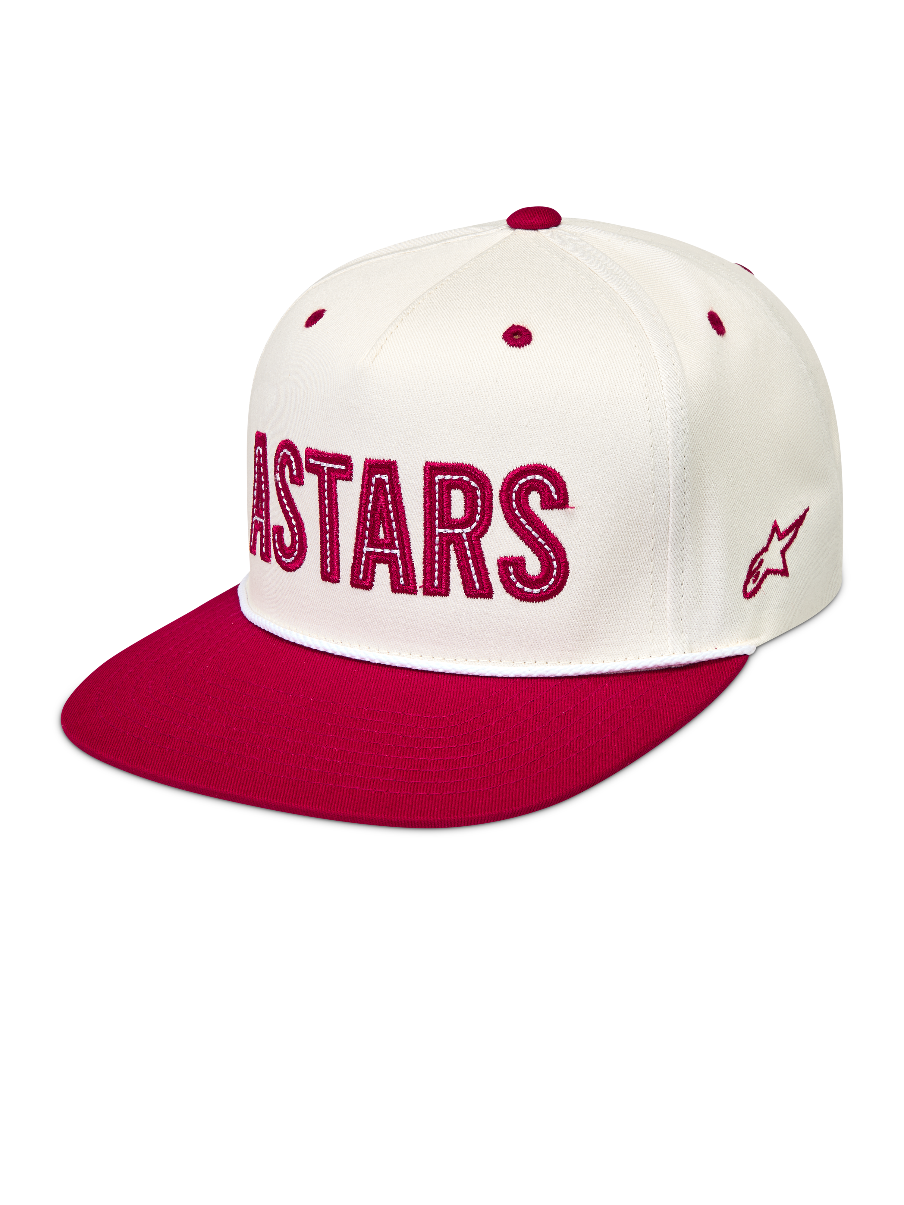 Alpinestars Stadium Snapback Kappe in Weiß und Rot mit strukturierter Krone, flachem Schirm und Astars-Logo-Applikation.