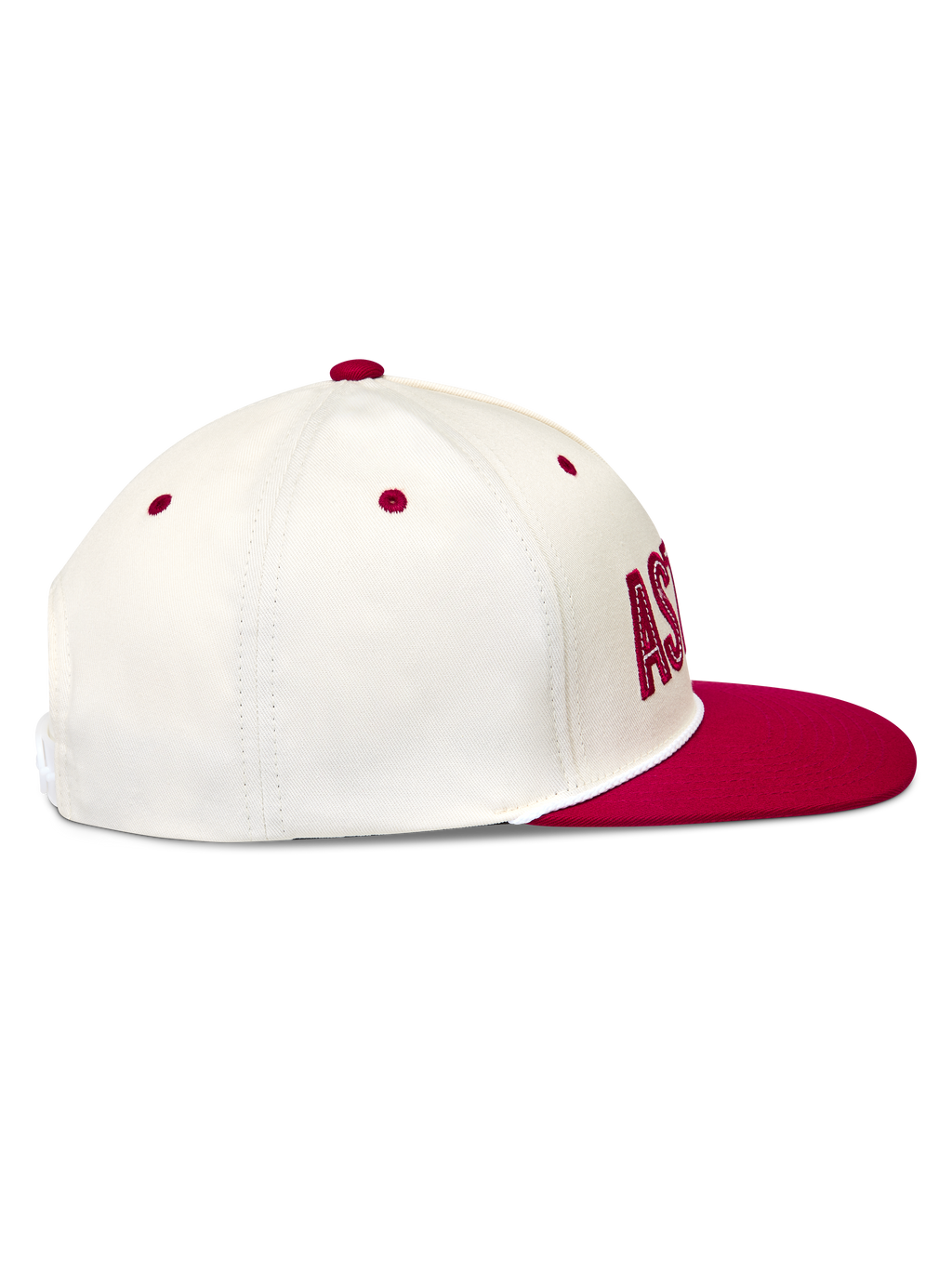 Alpinestars Stadium Snapback Kappe, Seitenprofil, flacher Schirm, strukturierte Krone, Off-White und Rot, Twill-Gewebe.