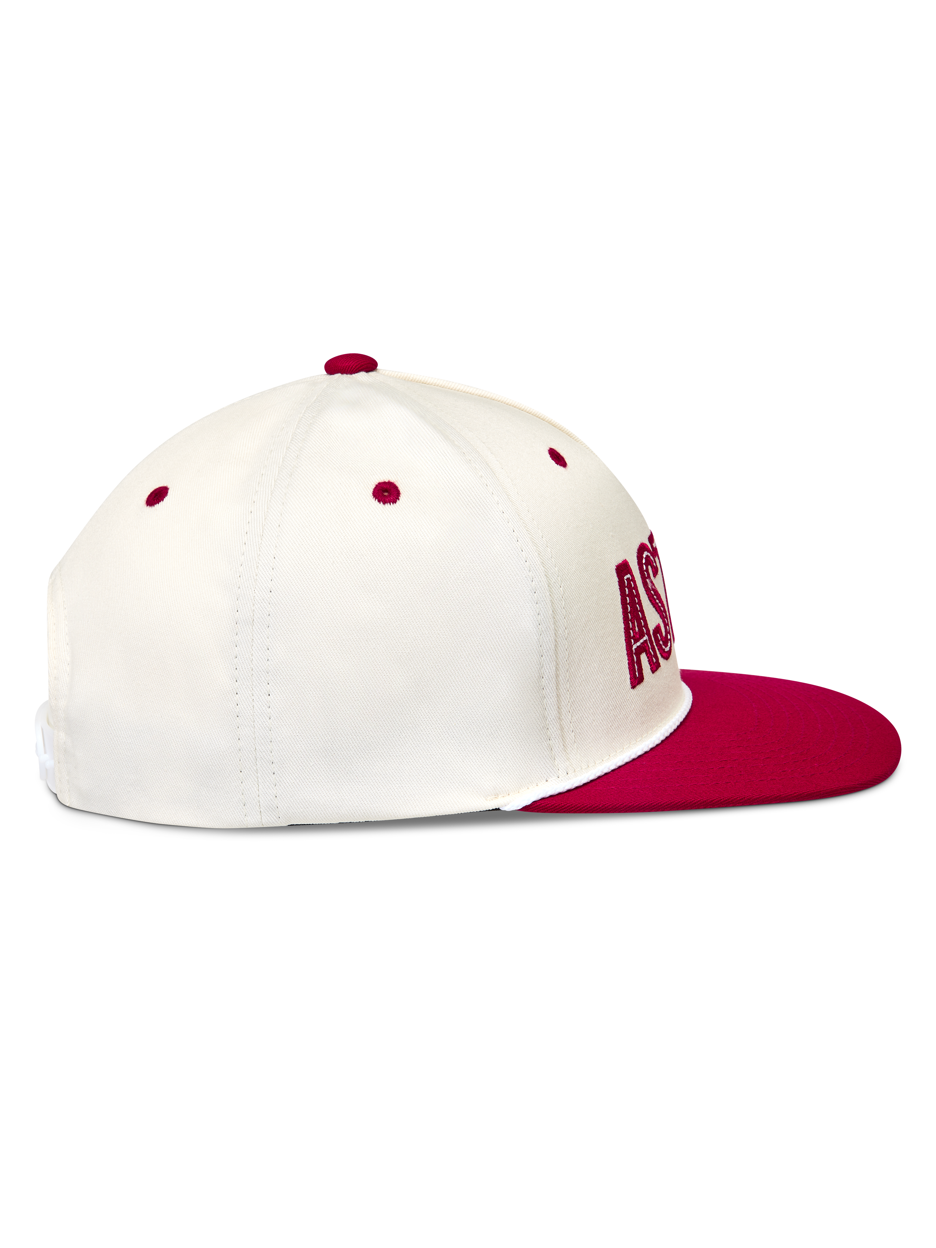 Alpinestars Stadium Snapback Kappe, Seitenprofil, flacher Schirm, strukturierte Krone, Off-White und Rot, Twill-Gewebe.