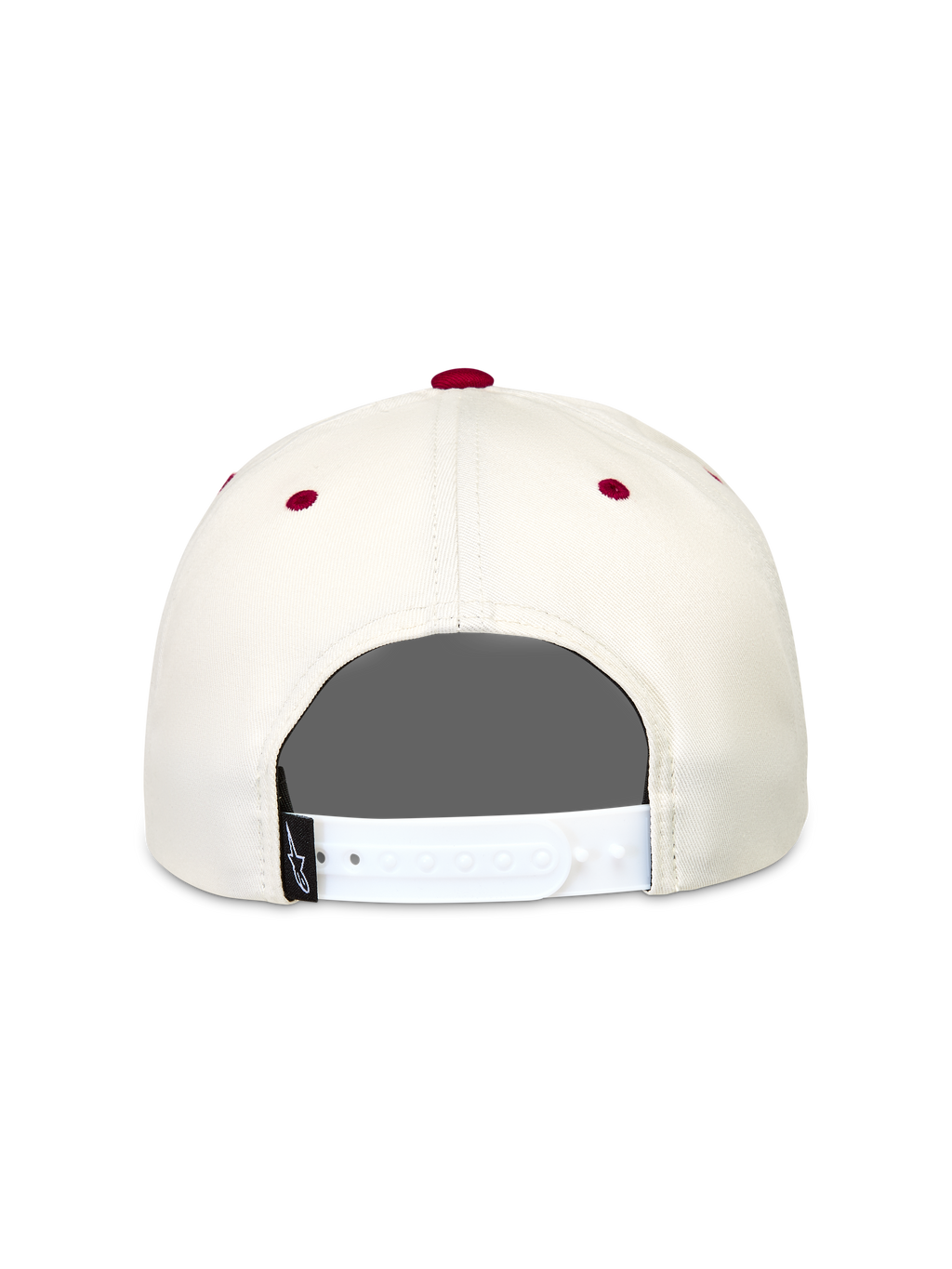 Alpinestars Stadium Snapback Kappe, Rückansicht in Off-White und Rot, Sportswear-Kappe mit verstellbarem Verschluss.