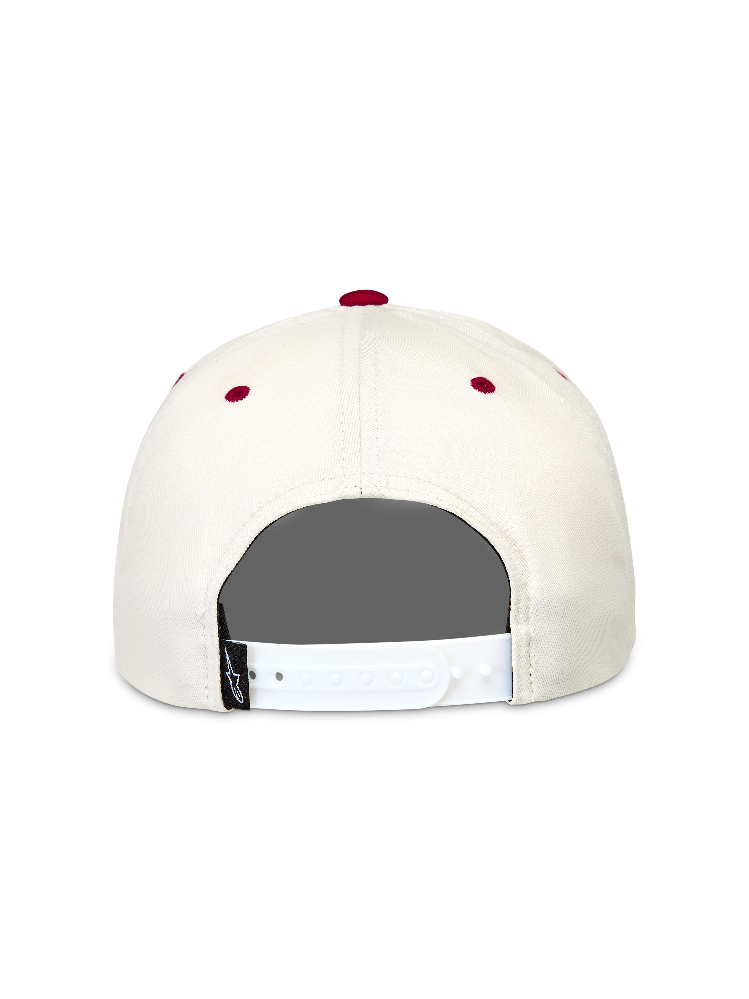 Alpinestars Stadium Snapback Kappe, Rückansicht in Off-White und Rot, Sportswear-Kappe mit verstellbarem Verschluss.