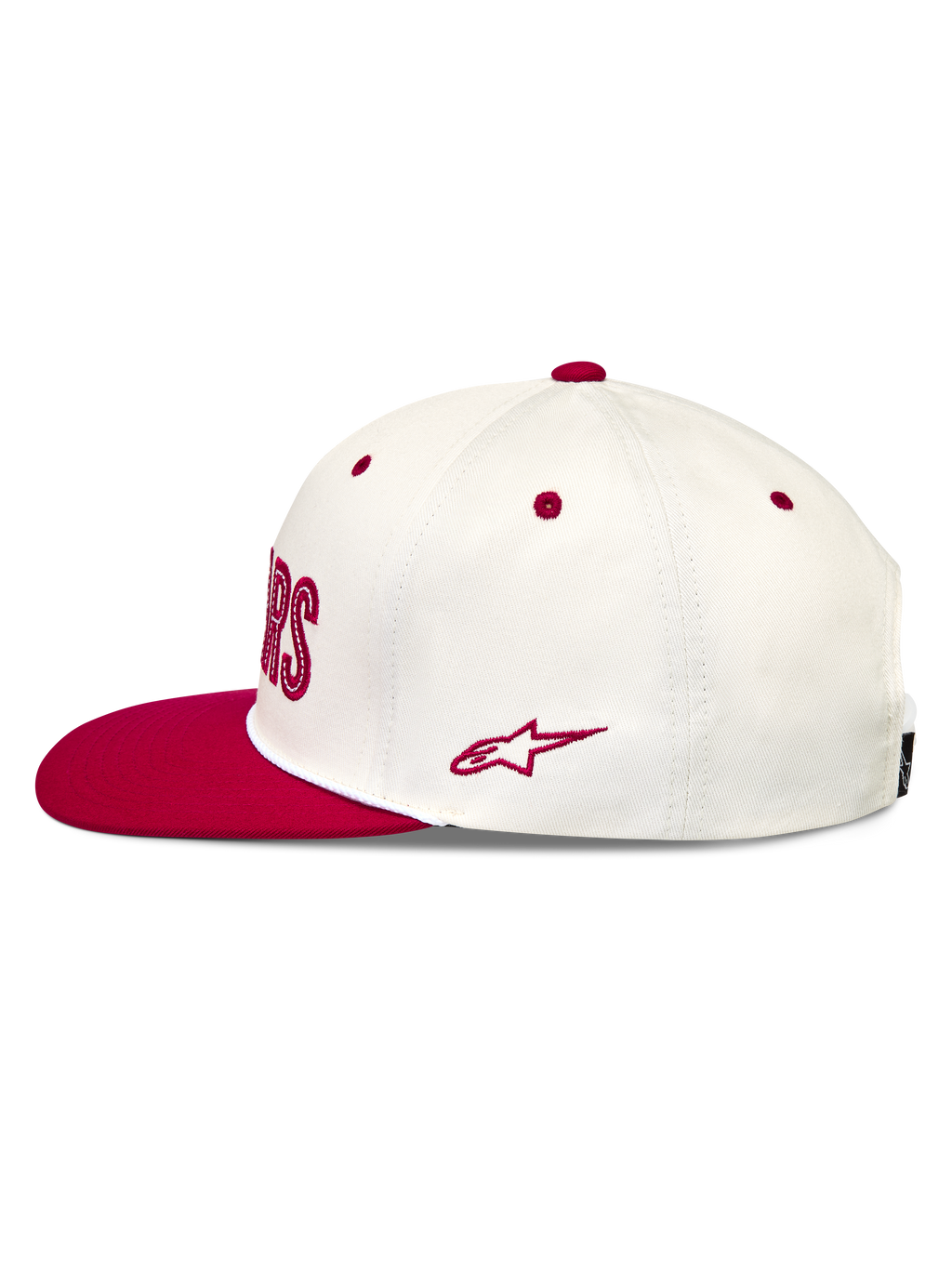 Alpinestars Stadium Snapback Kappe, Sportswear-Lifestyle-Cap, Off-White und Rot, flacher Schirm, Baumwoll-Twill mit seitlicher Astars-Logo-Stickerei.