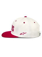 Alpinestars Stadium Snapback Kappe, Sportswear-Lifestyle-Cap, Off-White und Rot, flacher Schirm, Baumwoll-Twill mit seitlicher Astars-Logo-Stickerei.