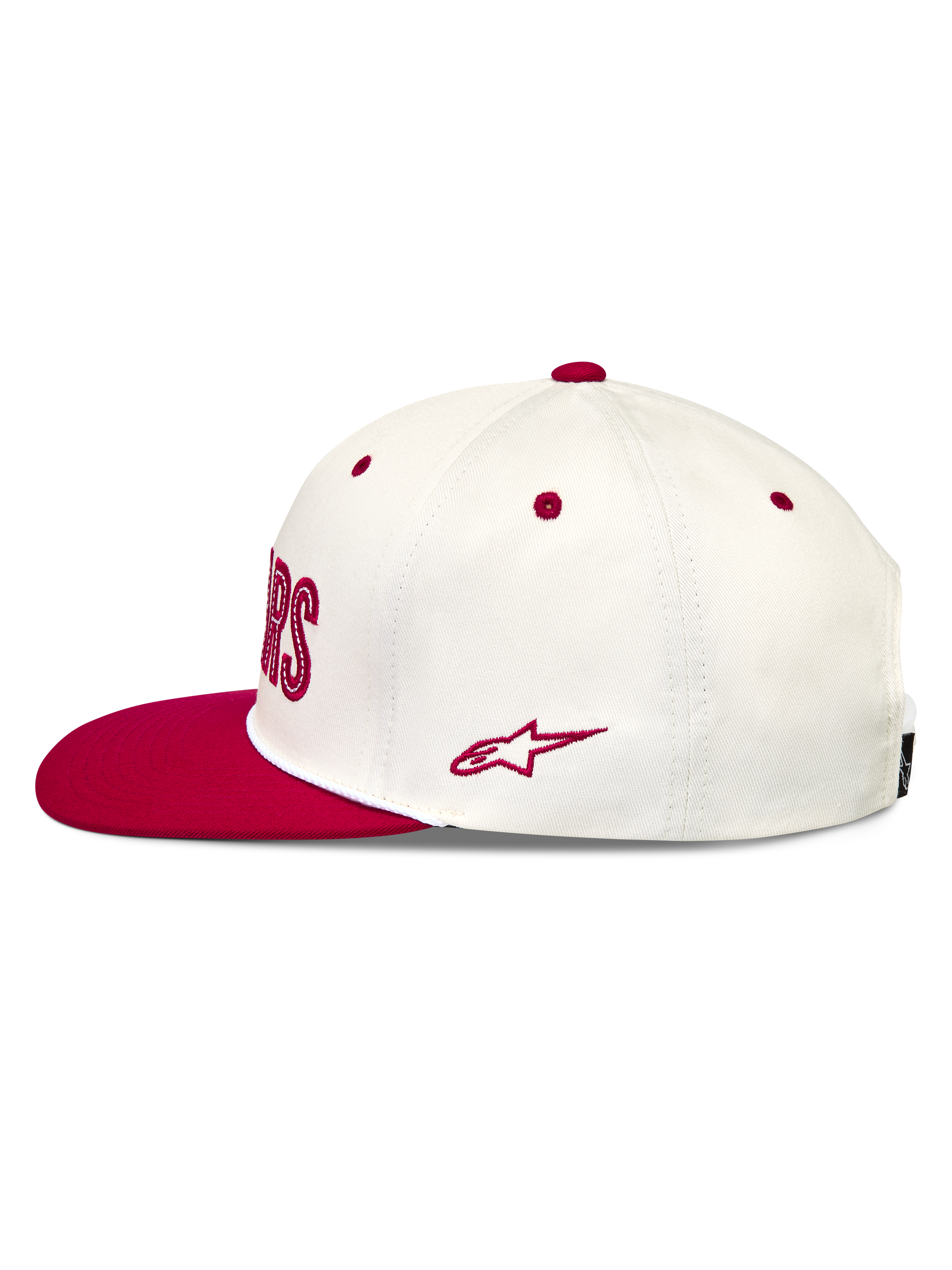 Alpinestars Stadium Snapback Kappe, Sportswear-Lifestyle-Cap, Off-White und Rot, flacher Schirm, Baumwoll-Twill mit seitlicher Astars-Logo-Stickerei.