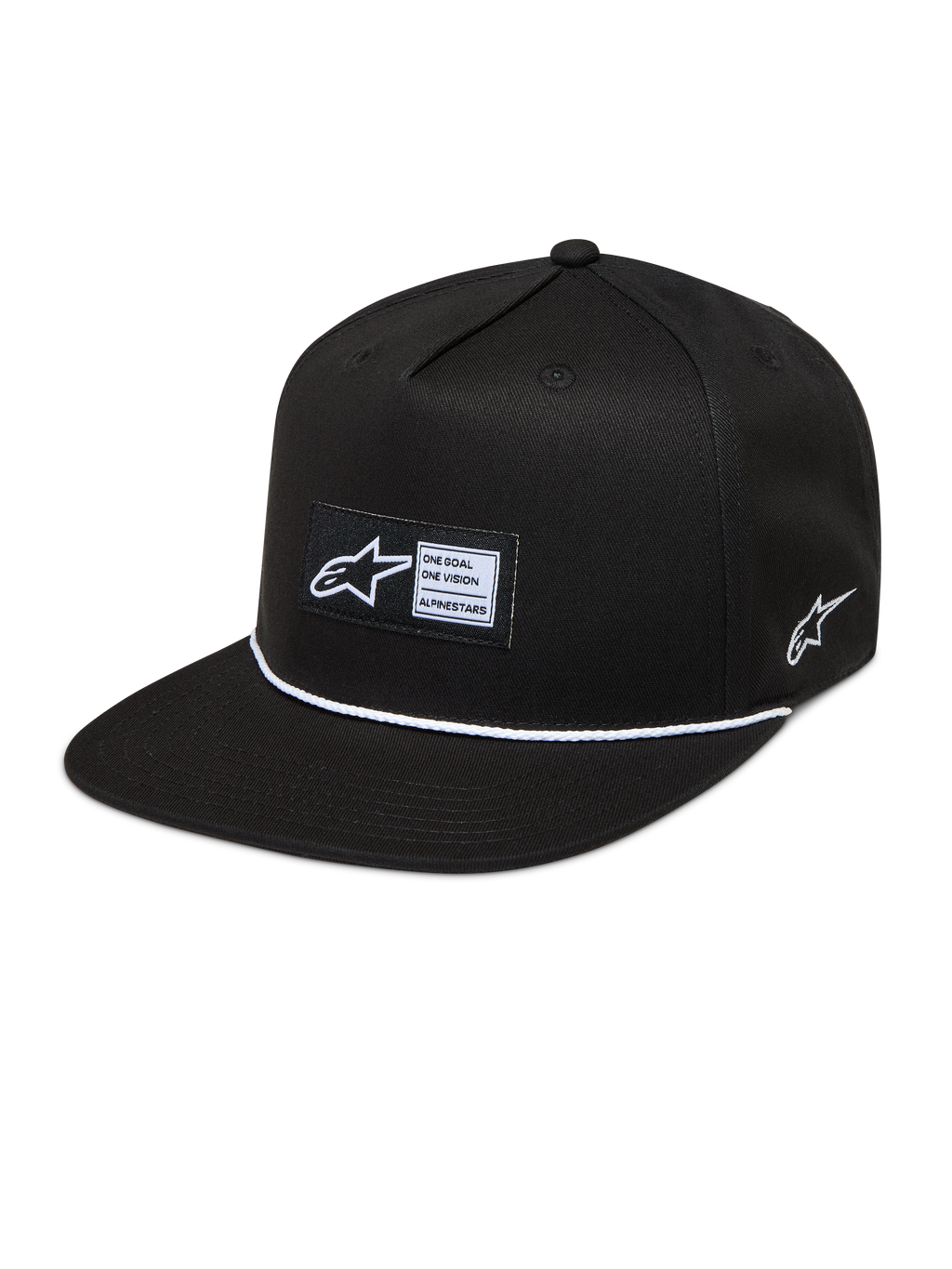 Alpinestars Label Snapback Kappe, schwarze Sportswear-Kappe mit flachem Schirm, weißem Kordeldetail und gewebtem Aufnäher.