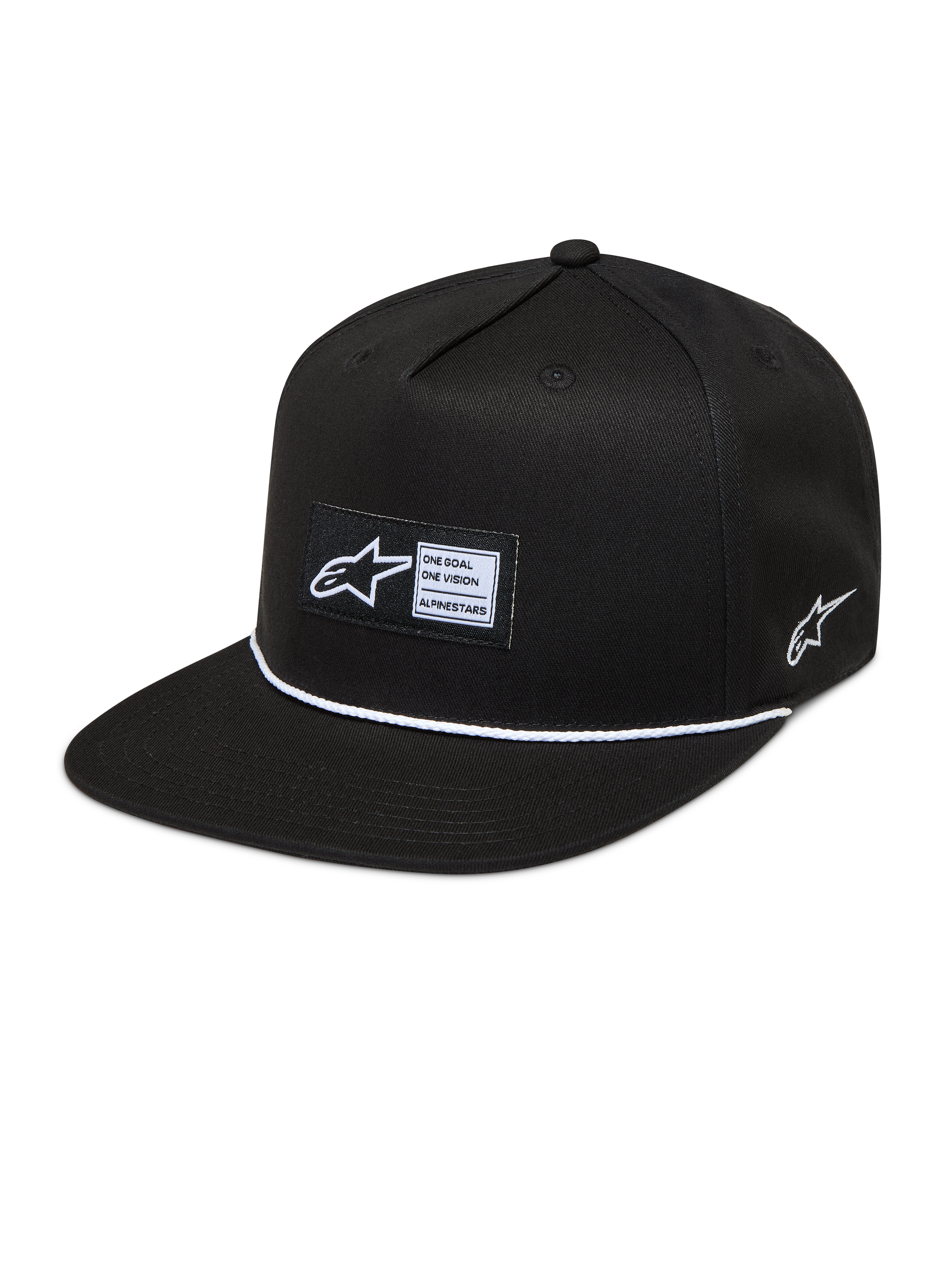 Alpinestars Label Snapback Kappe, schwarze Sportswear-Kappe mit flachem Schirm, weißem Kordeldetail und gewebtem Aufnäher.