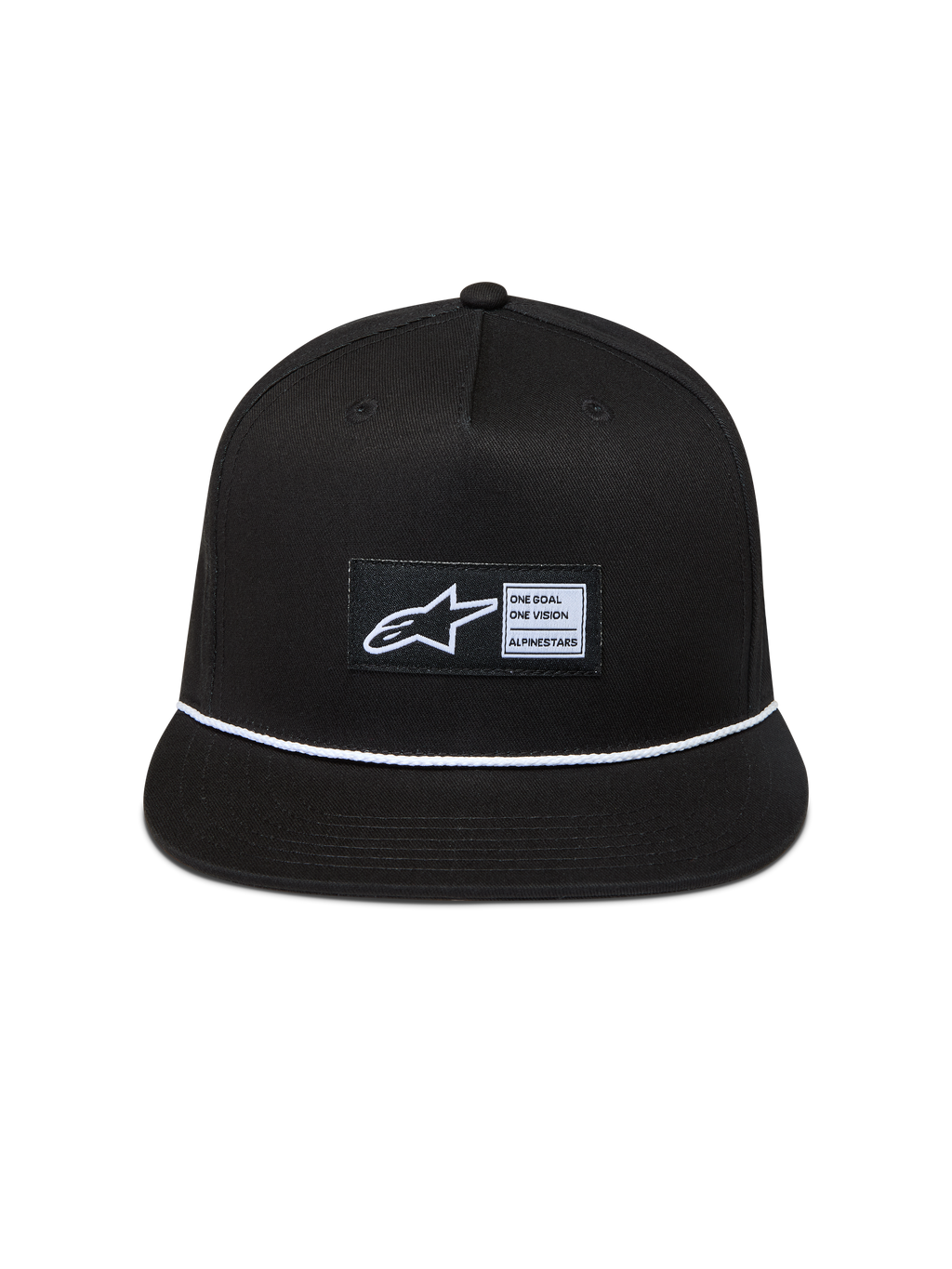 Alpinestars Label Snapback Kappe, schwarze Sportswear-Cap mit flachem Schirm, weißer Kordel und gewebtem Astars-Logo.