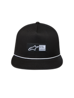 Alpinestars Label Snapback Kappe, schwarze Sportswear-Cap mit flachem Schirm, weißer Kordel und gewebtem Astars-Logo.