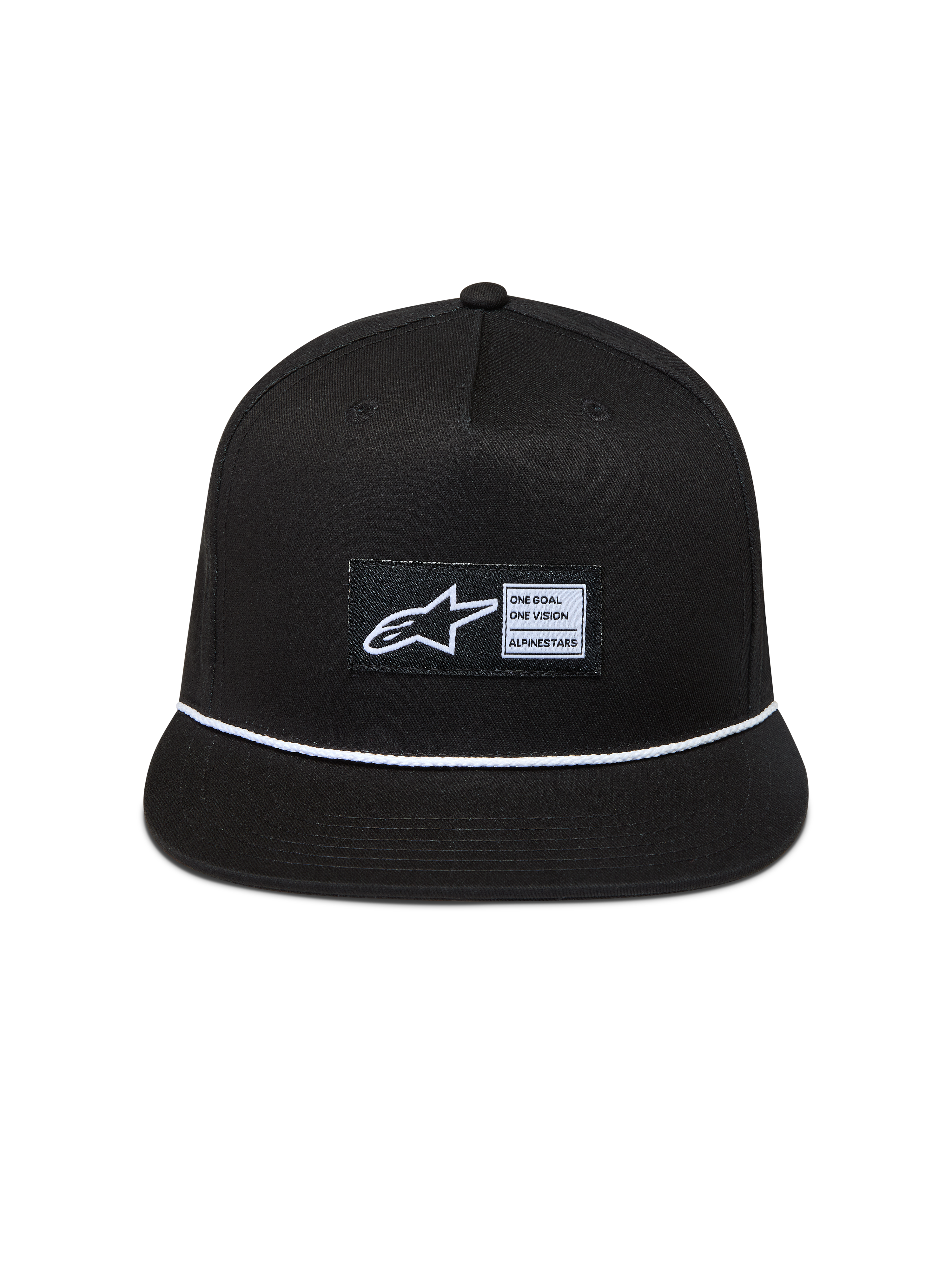Alpinestars Label Snapback Kappe, schwarze Sportswear-Cap mit flachem Schirm, weißer Kordel und gewebtem Astars-Logo.