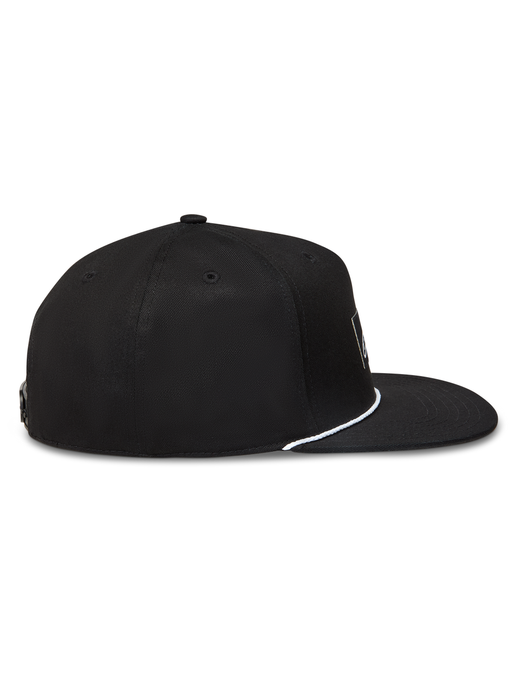 Alpinestars Label Snapback Kappe, schwarze Sportswear-Kappe mit flachem Schirm und weißem Kordeldetail, Seitenansicht.